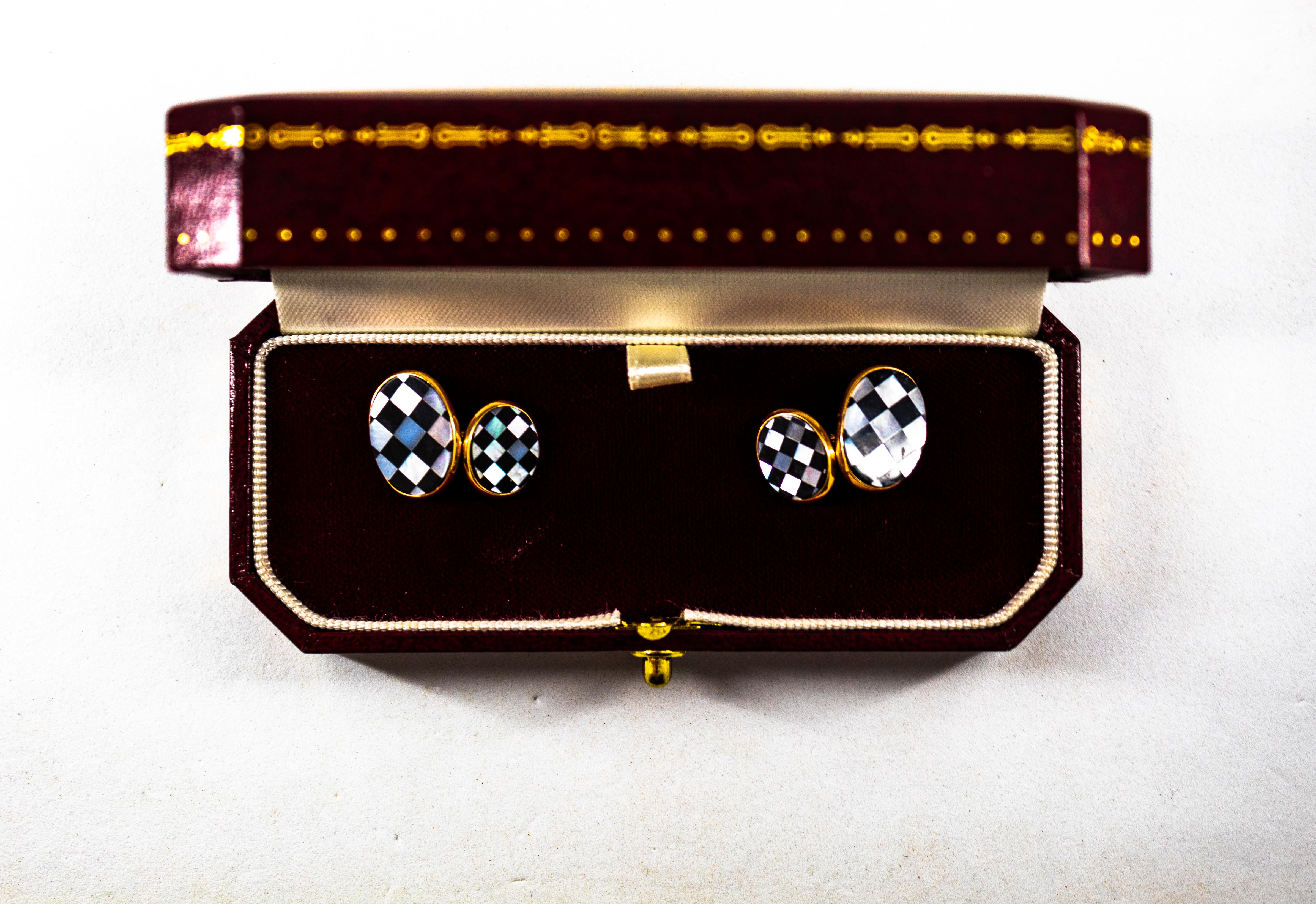 Art Deco Stil Perlmutt Handcrafted Gelbgold Manschettenknöpfe im Angebot 3