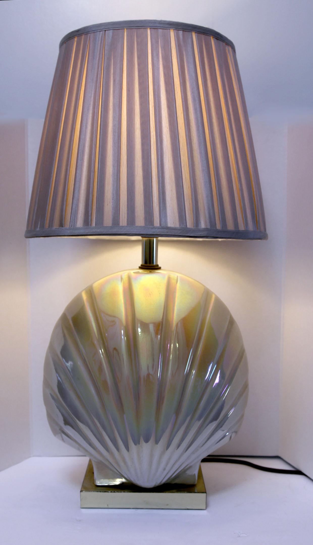 Ceramic Art Deco Style Mother of Pearl Tone Table Lamp with Pleated Shade For Sale