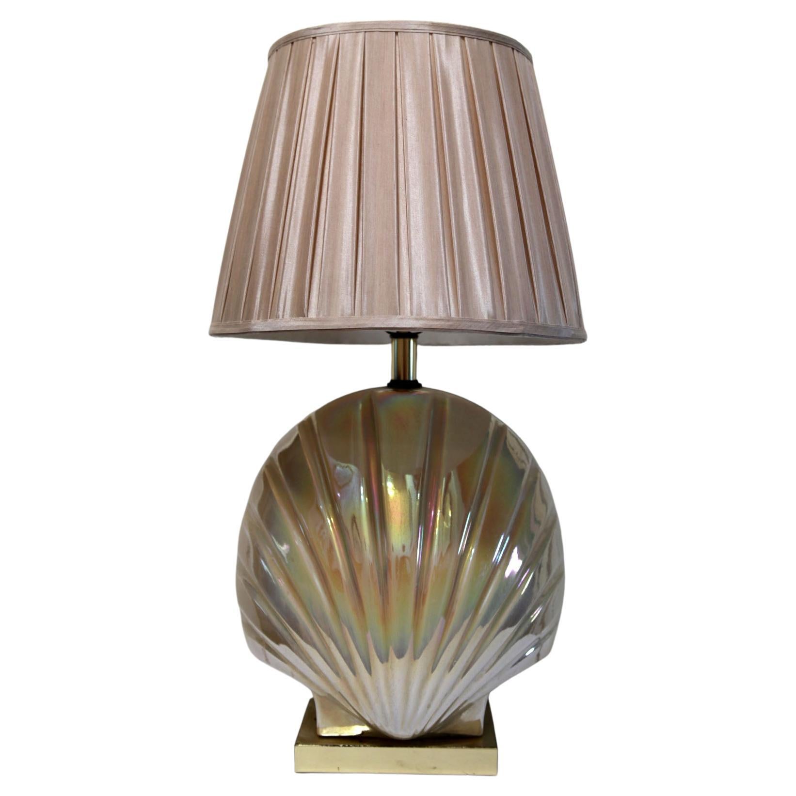 Art Deco Style Mother of Pearl Tone Table Lamp with Pleated Shade For Sale