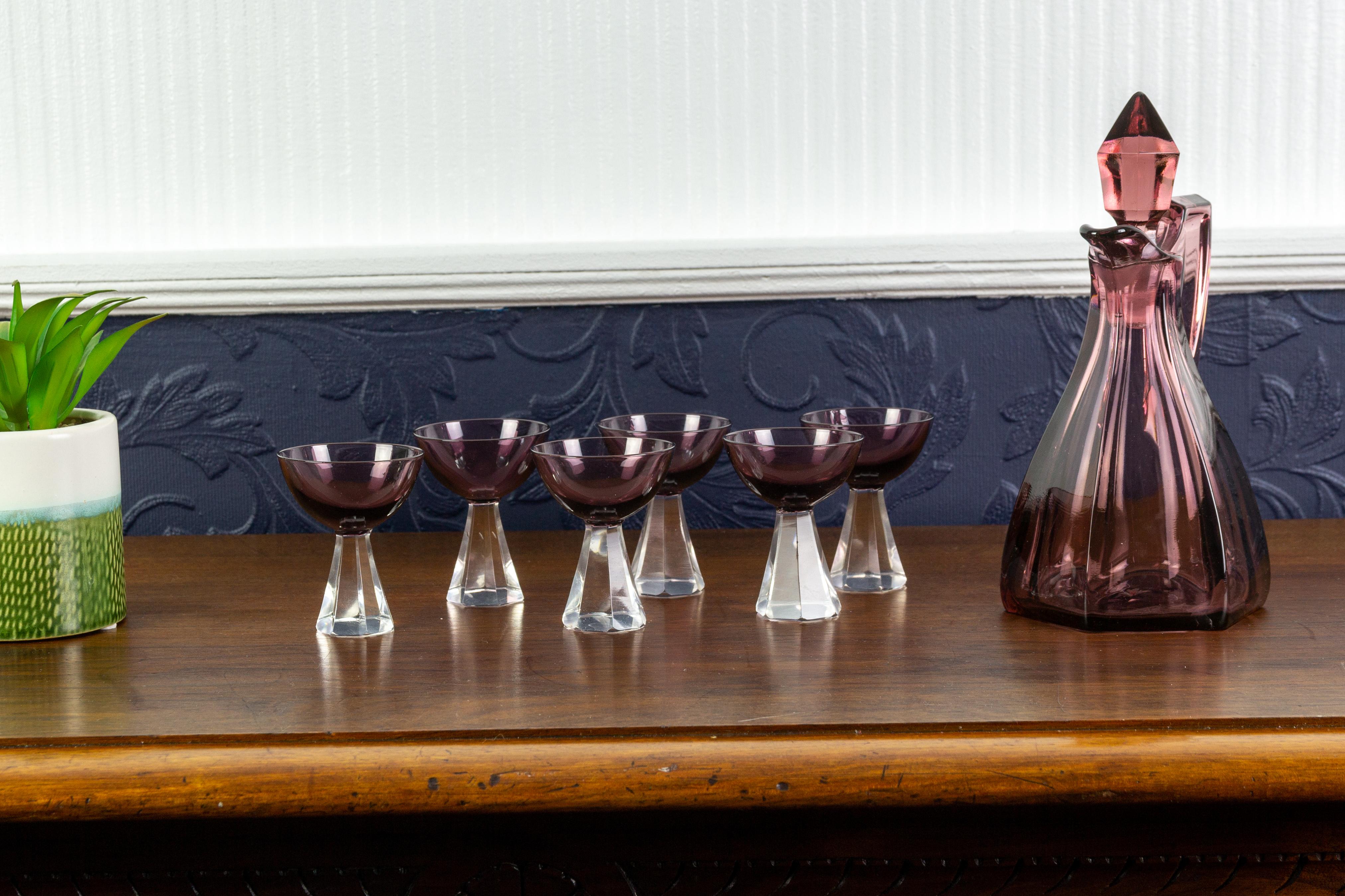 Art Deco Style Mulberry Color Glass Decanter and Six Glasses Set For Sale 10