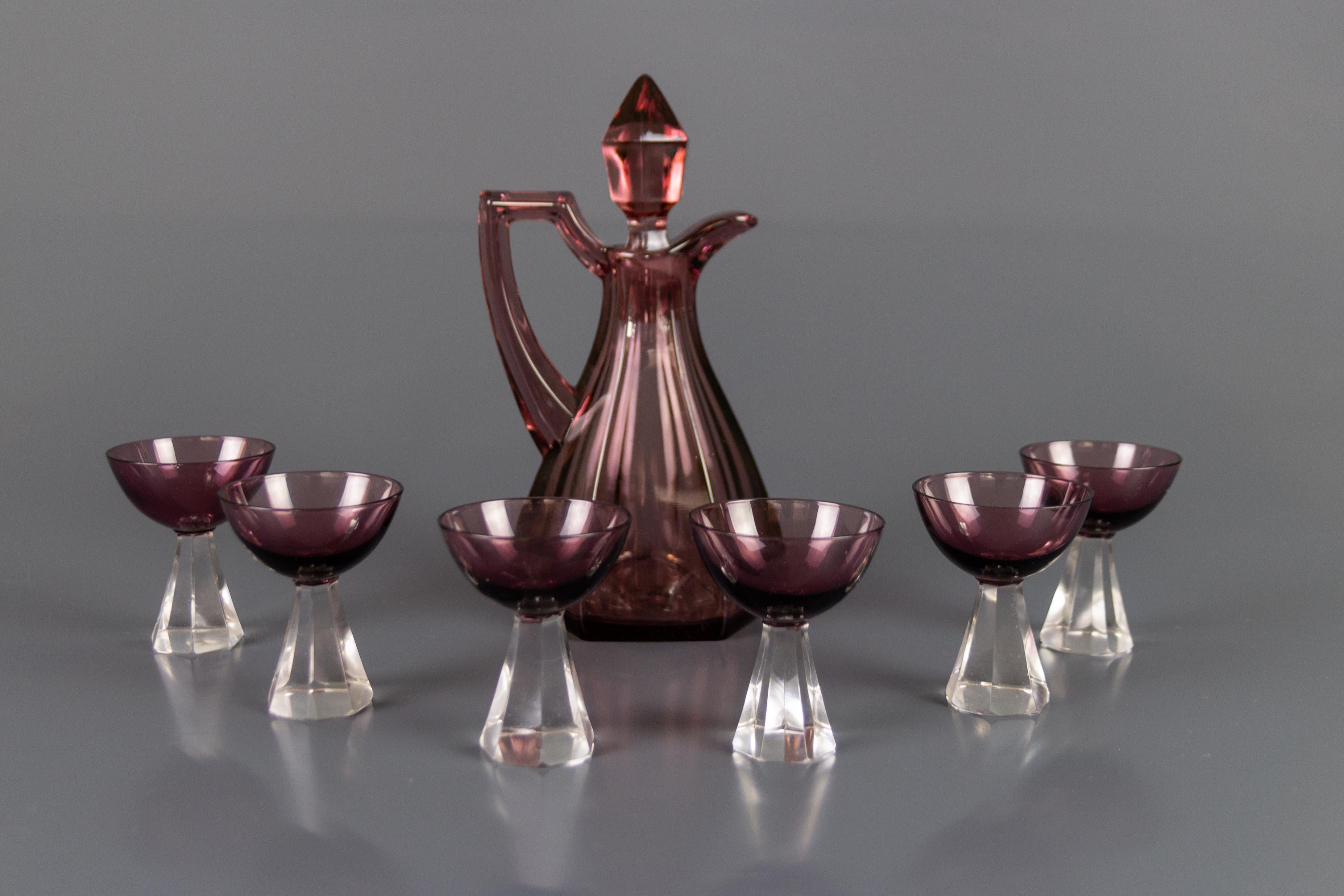 French Art Deco Style Mulberry Color Glass Decanter and Six Glasses Set For Sale