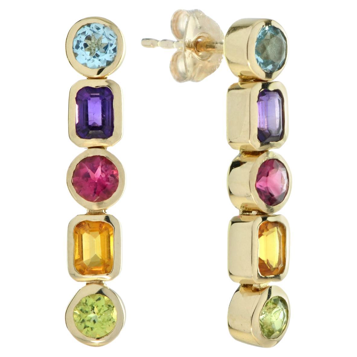 Art Deco Style Multi Five Gemstone Drop Earrings in 14K Yellow Gold For Sale