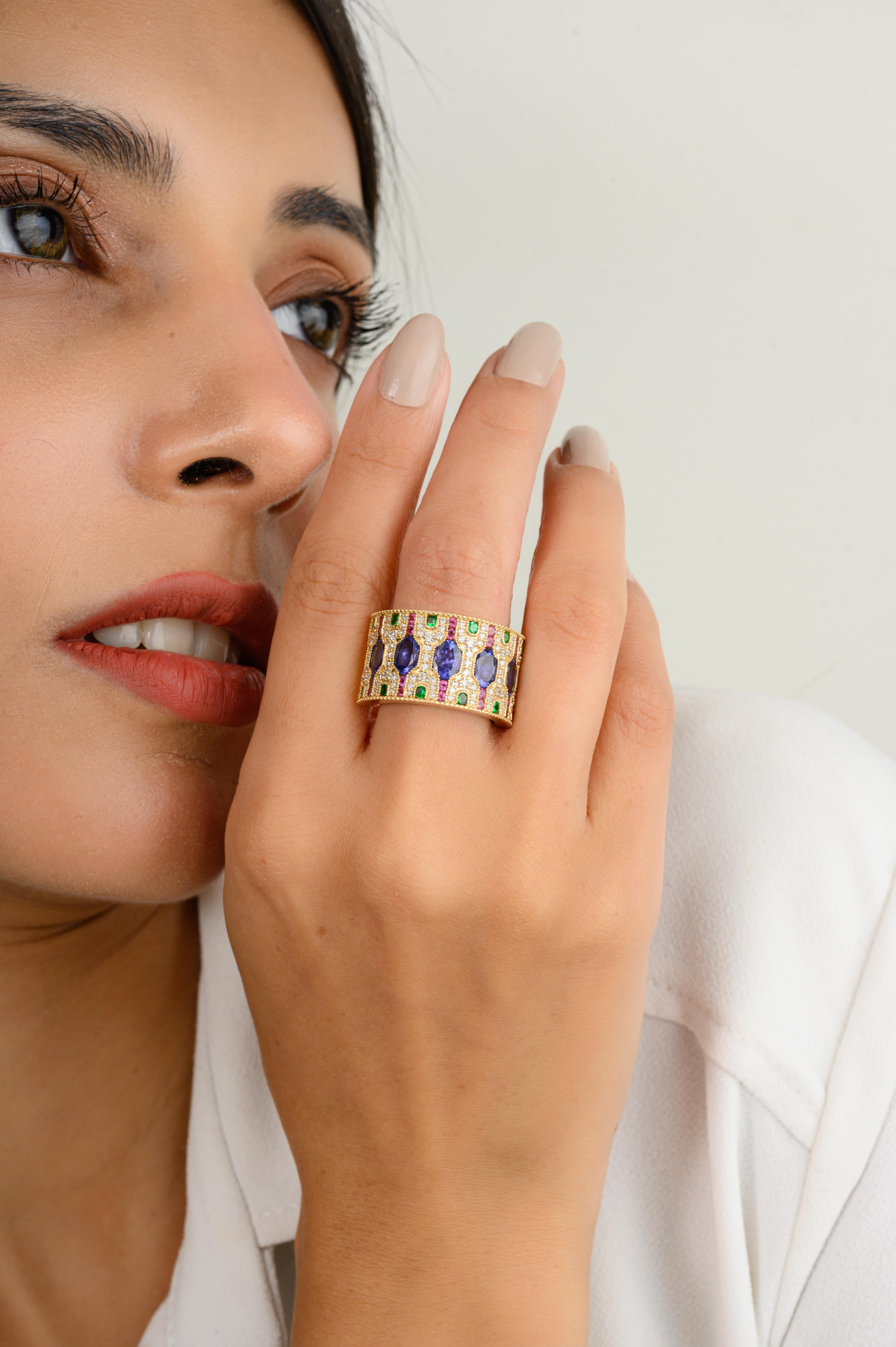 For Sale:  Art Deco Style Multi Gemstone Estate Wide Band Ring in 14k Solid Yellow Gold 2