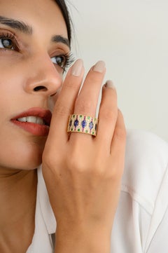 Anello a fascia larga in stile Art Deco con più pietre preziose in oro giallo massiccio 14k