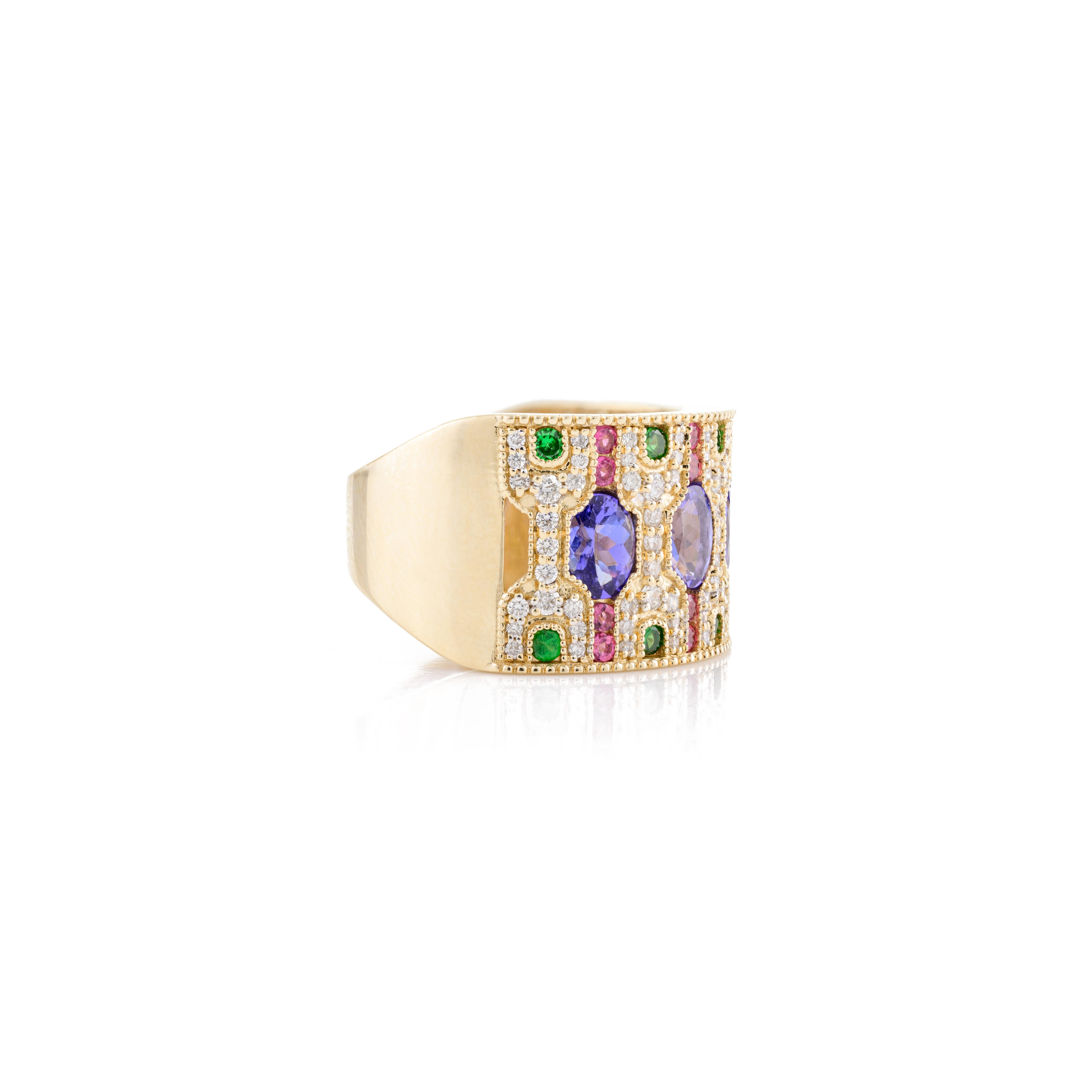For Sale:  Art Deco Style Multi Gemstone Estate Wide Band Ring in 14k Solid Yellow Gold 3