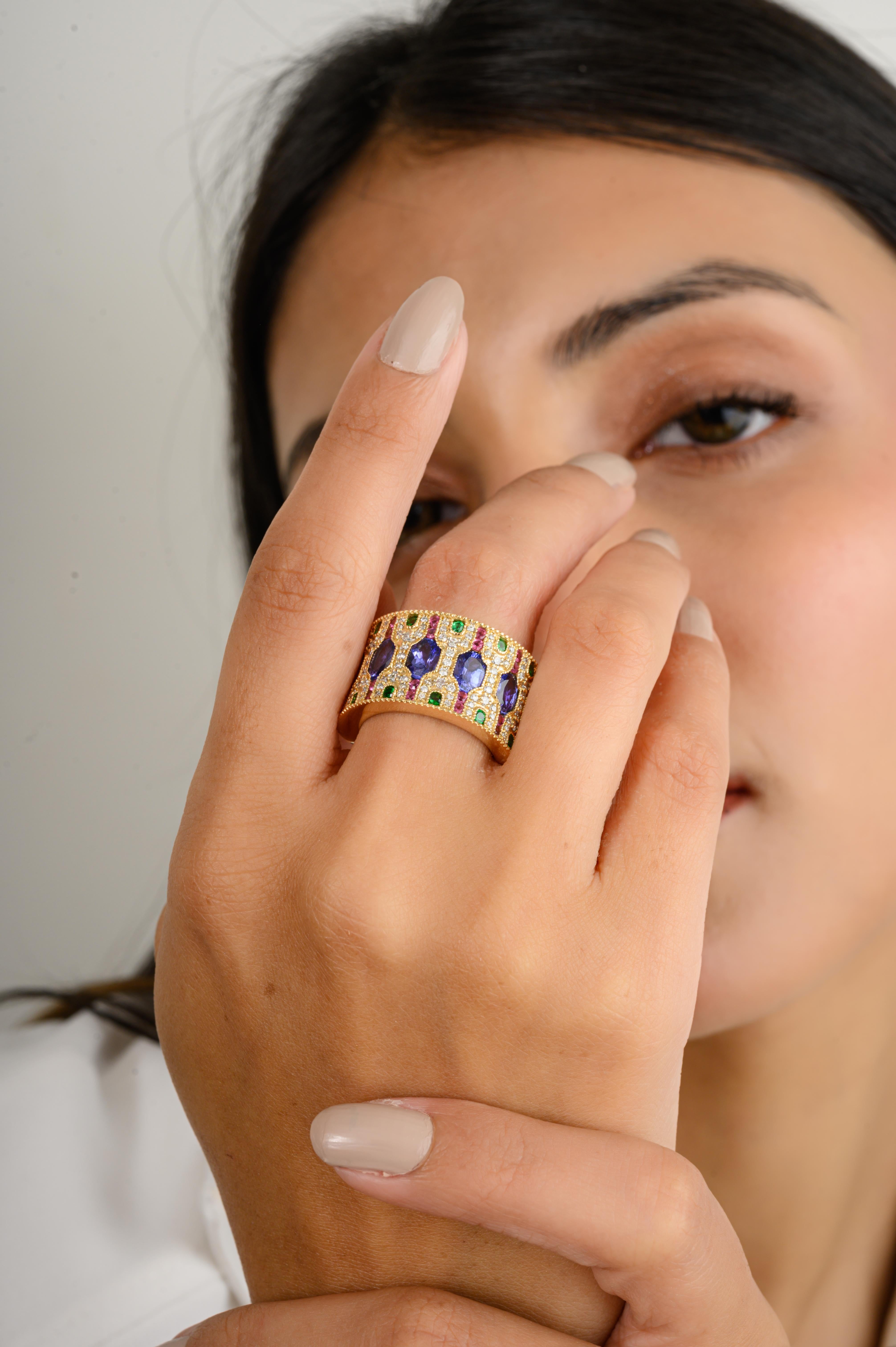 For Sale:  Art Deco Style Multi Gemstone Estate Wide Band Ring in 14k Solid Yellow Gold 4
