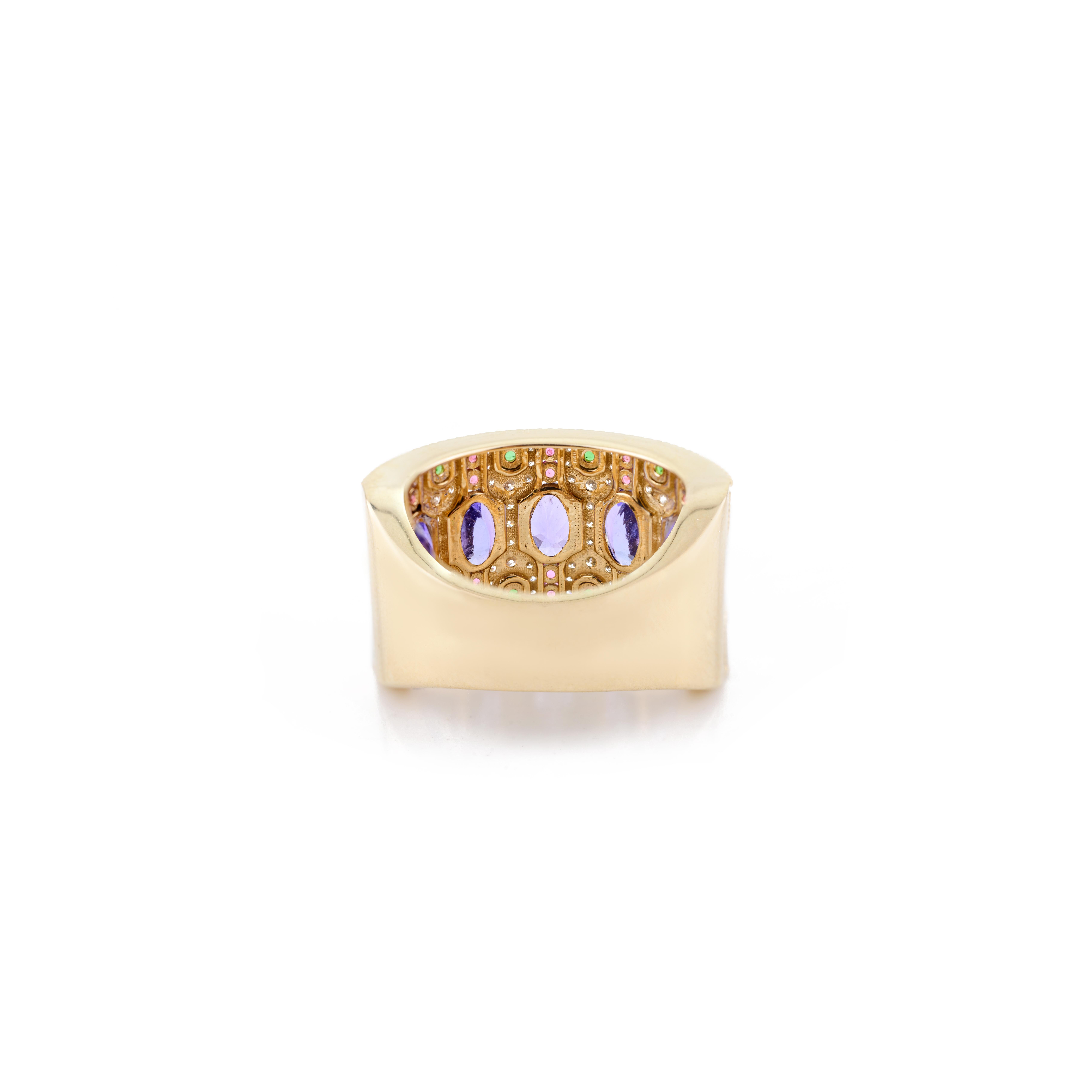 For Sale:  Art Deco Style Multi Gemstone Estate Wide Band Ring in 14k Solid Yellow Gold 5