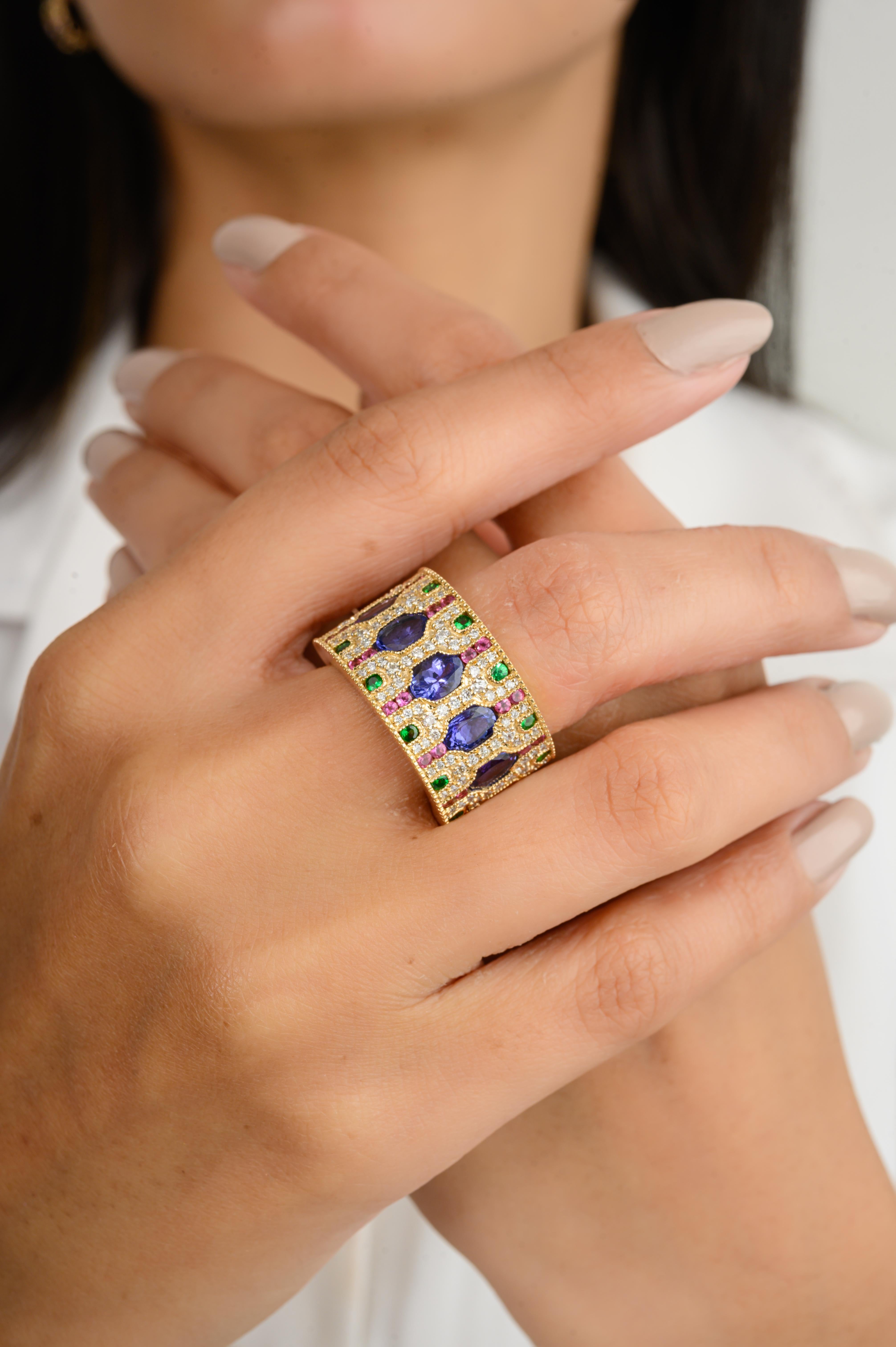 For Sale:  Art Deco Style Multi Gemstone Estate Wide Band Ring in 14k Solid Yellow Gold 6