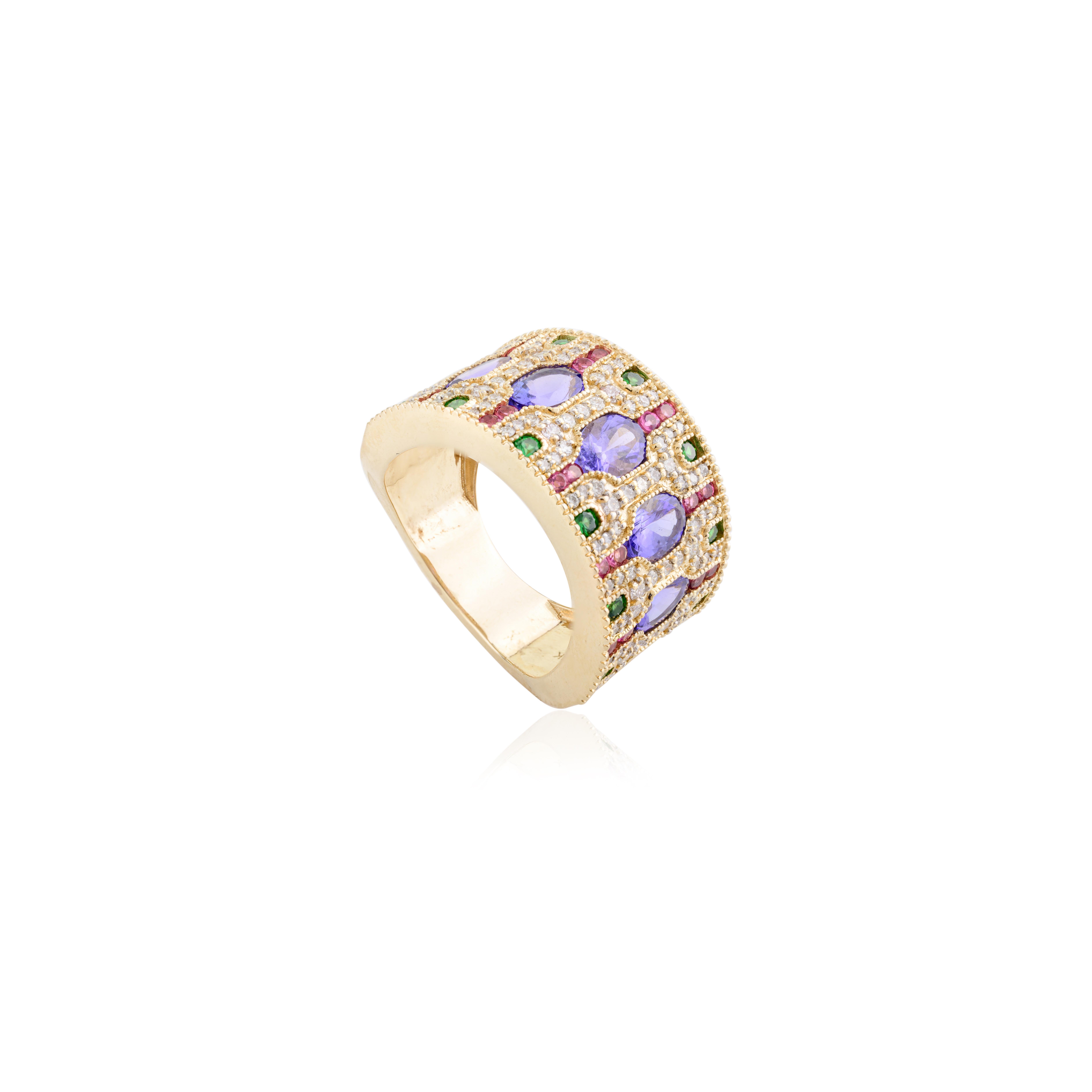 For Sale:  Art Deco Style Multi Gemstone Estate Wide Band Ring in 14k Solid Yellow Gold 7