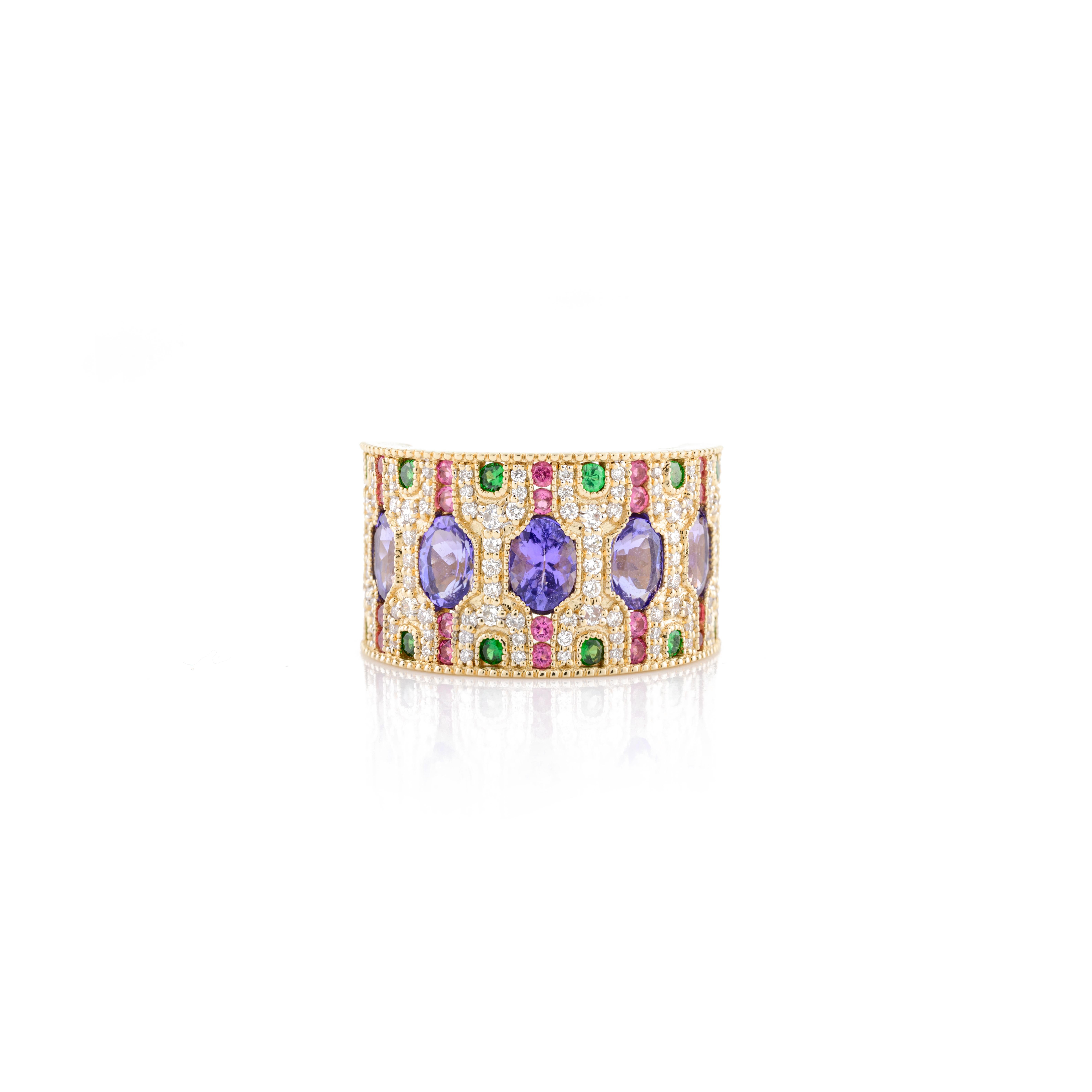 For Sale:  Art Deco Style Multi Gemstone Estate Wide Band Ring in 14k Solid Yellow Gold 9