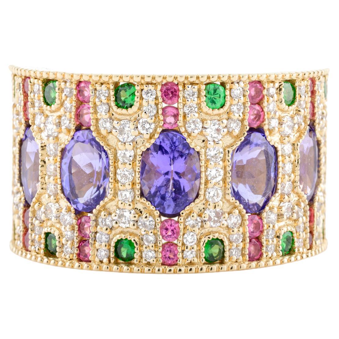 For Sale:  Art Deco Style Multi Gemstone Estate Wide Band Ring in 14k Solid Yellow Gold