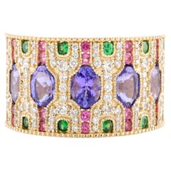 Bague jonc large de style Art déco en or jaune massif 14 carats avec plusieurs pierres précieuses