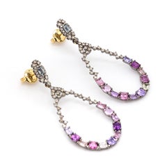 Art-Deco Style Multi-Sapphire and Diamond Pear-Shape Drop Earrings