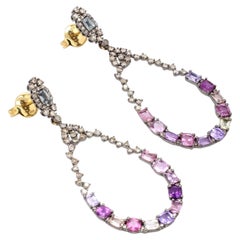 Art-Deco Style Multi-Sapphire and Diamond Pear-Shape Drop Earrings