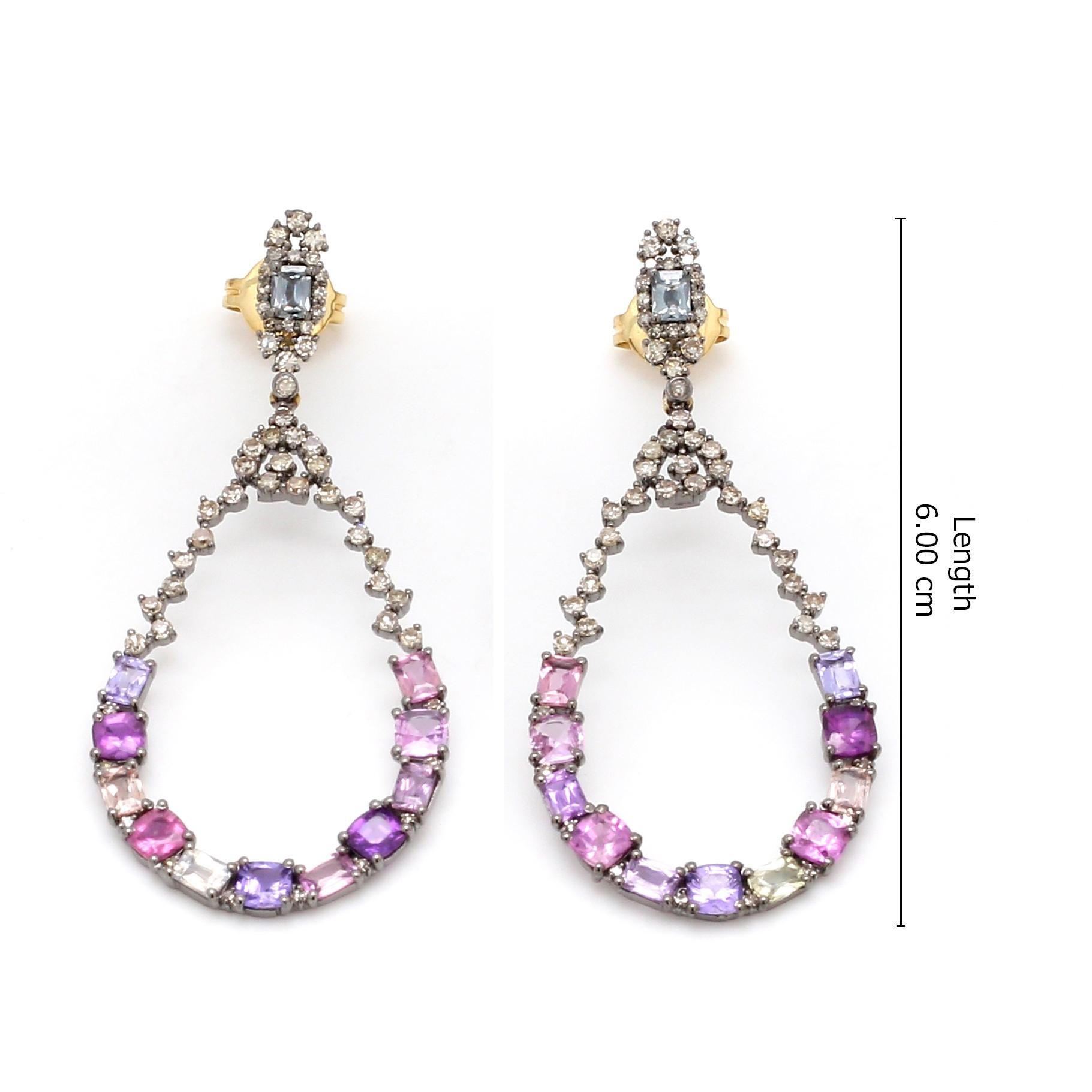 Art-Deco Style Multi-Sapphire and Diamond Pear-Shape Drop Earrings In New Condition For Sale In Jaipur, IN