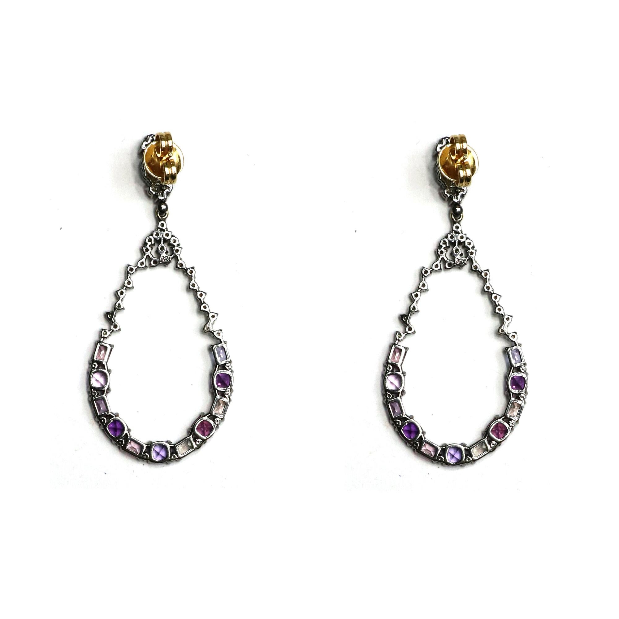 Women's Art-Deco Style Multi-Sapphire and Diamond Pear-Shape Drop Earrings For Sale