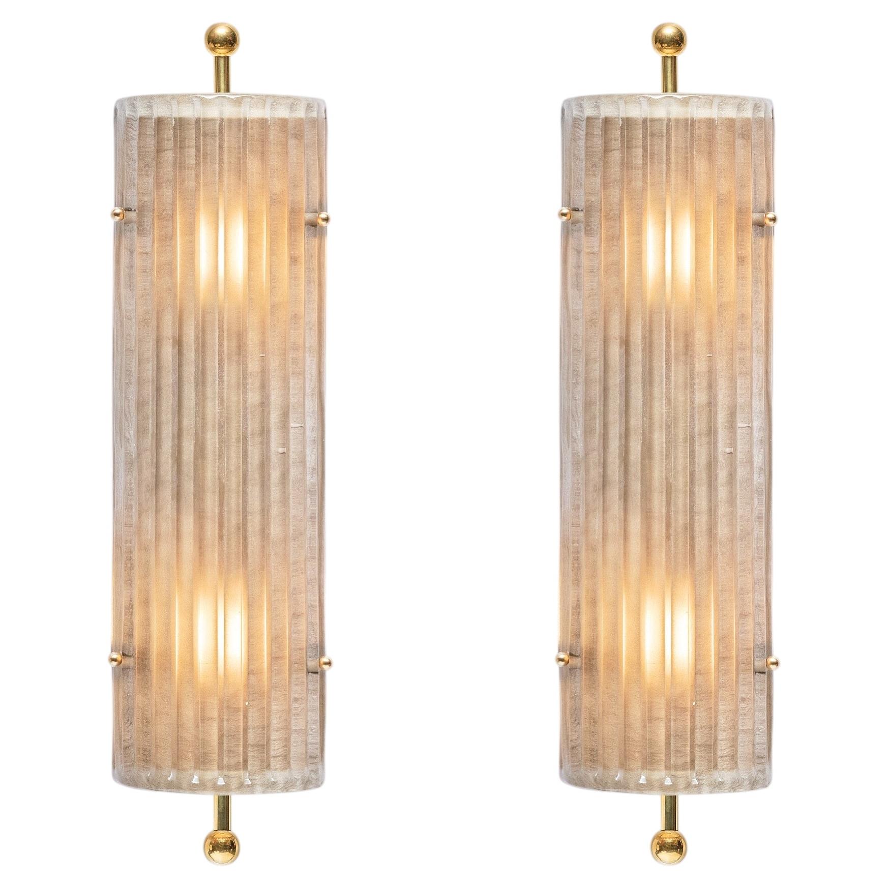 Art Deco Style Murano Glass Sconces with Brass, Smoked Finish, Italy
