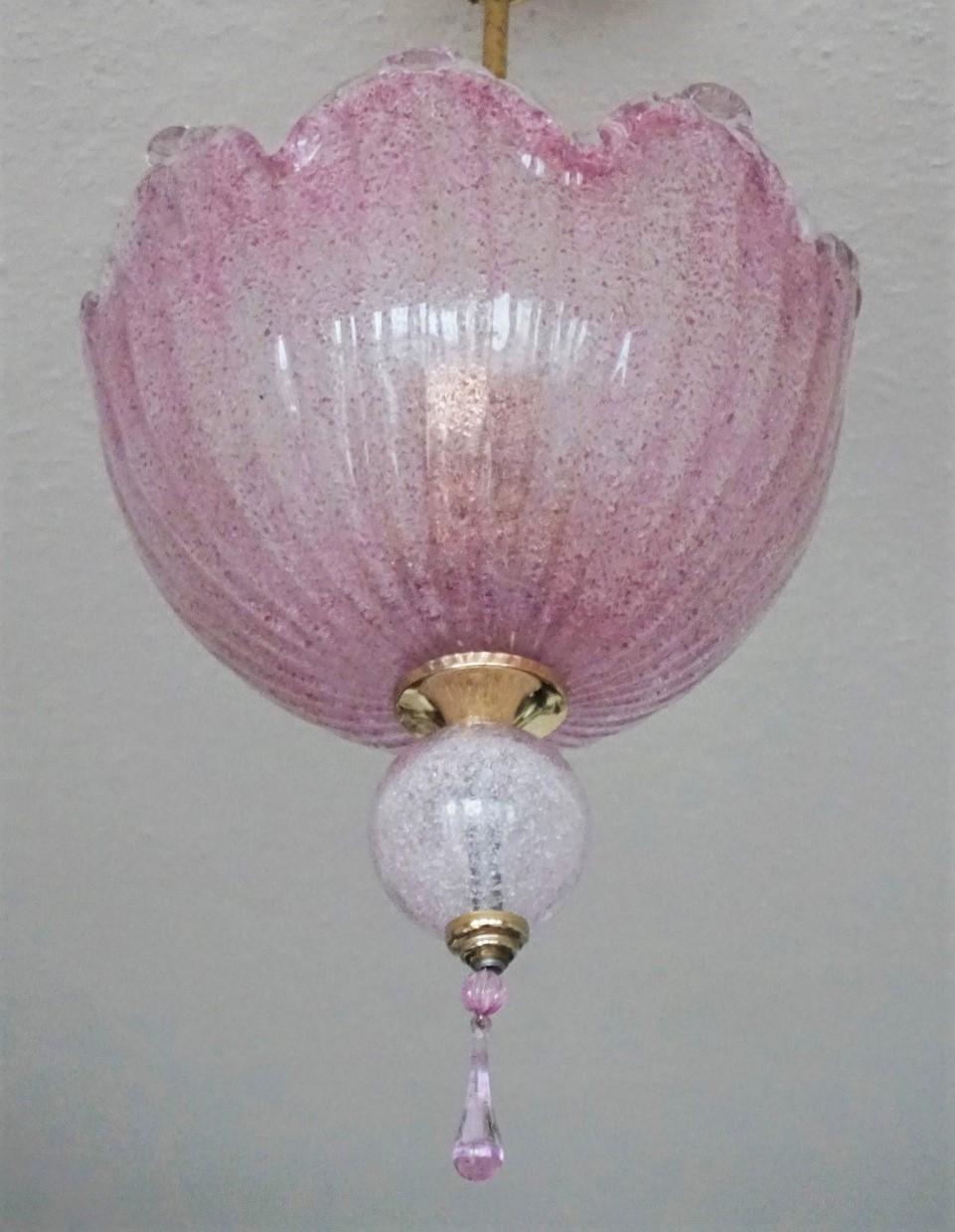 Gilt Art Deco Style Murano Pink Glass Brass Two-Light Chandelier, Italy, 1960s