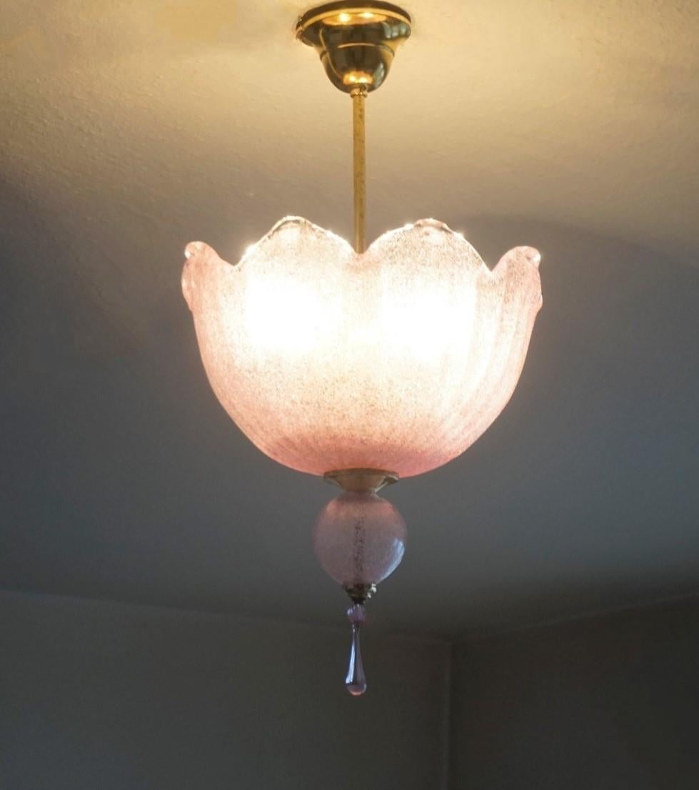 20th Century Art Deco Style Murano Pink Glass Brass Two-Light Chandelier, Italy, 1960s