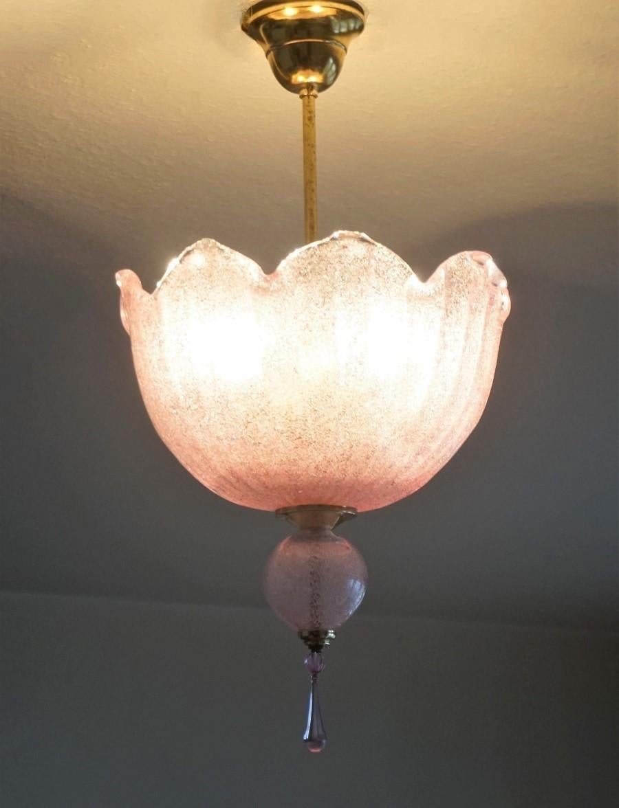 Art Deco Style Murano Pink Glass Brass Two-Light Chandelier, Italy, 1960s 1