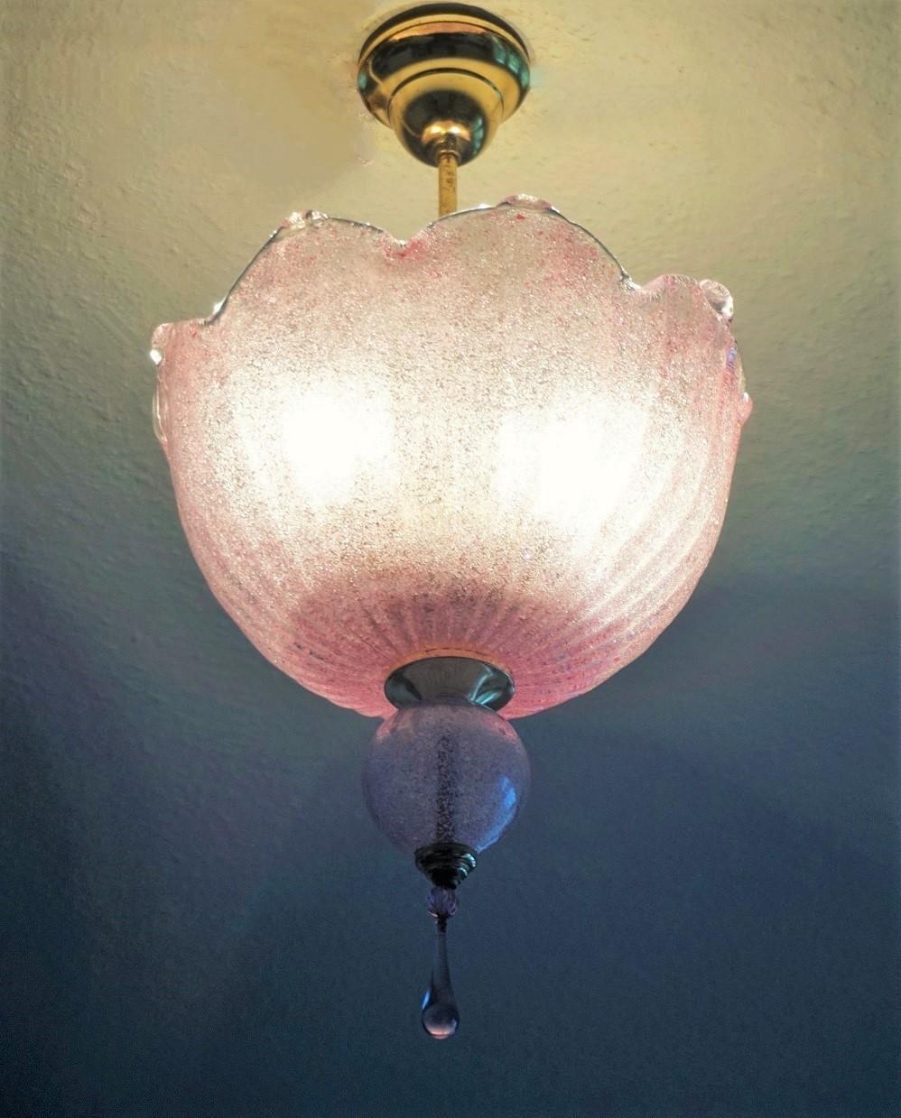 Art Deco Style Murano Pink Glass Brass Two-Light Chandelier, Italy, 1960s 2