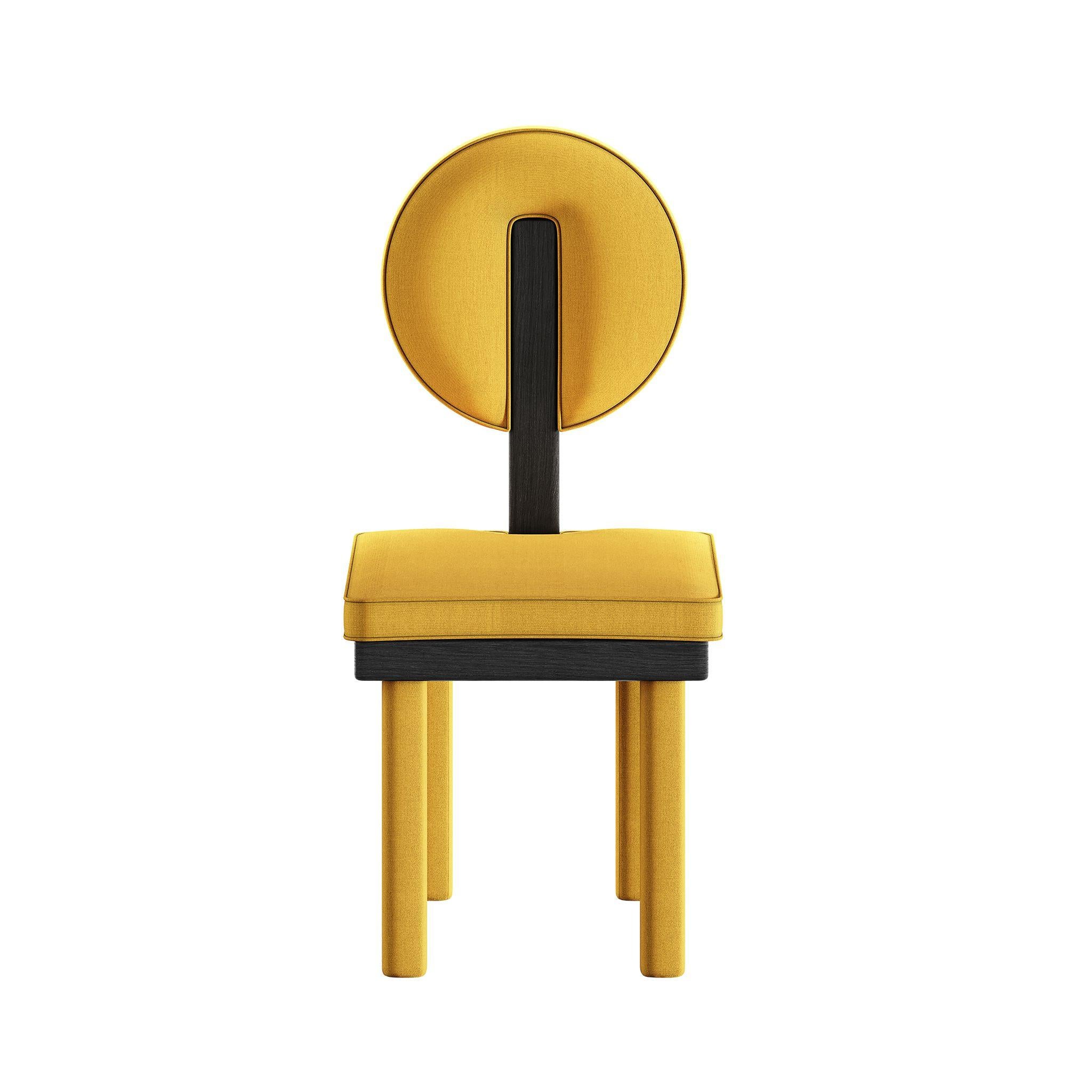 Art Deco Style Mustard Velvet Dining Chair Upholstery Yellow & Black Wenge Wood
The Gigi Chair is a mid-century, modern-inspired dining chair that combines pure geometric forms with the luxurious texture of velvet. This modern velvet dining chair is