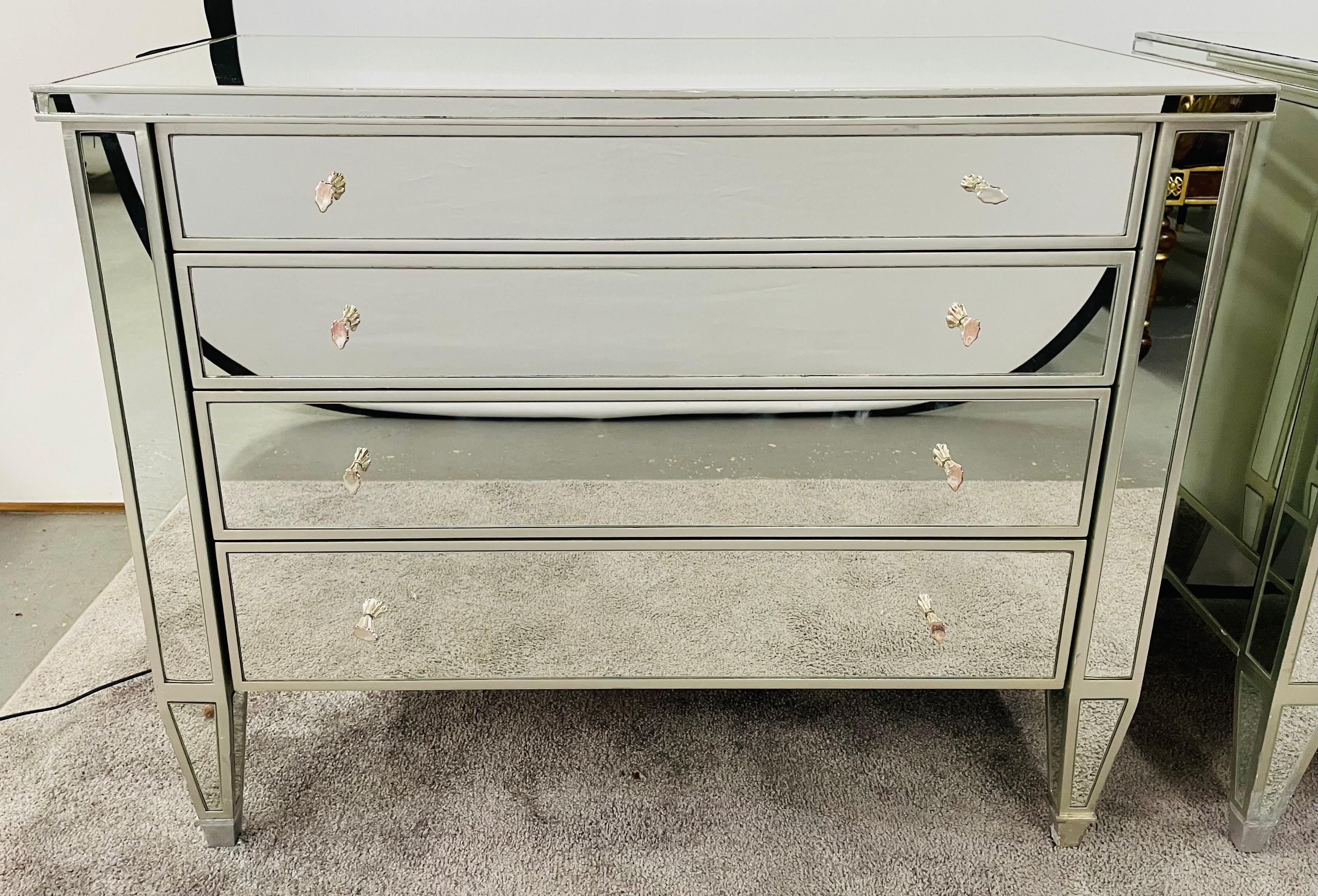 Art Deco Style Nancy Corzine Mirrored Commode, Nightstand or Chest, a Pair In Fair Condition In Plainview, NY