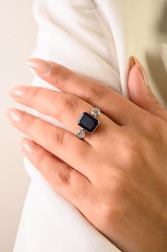 Art Deco Style Natural Blue Sapphire & Diamond Three-Stone Ring 3.33 Ct 18K Gold