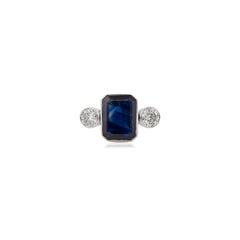 Anello a tre pietre con zaffiro blu naturale e diamante in stile Art Déco 3,33 carati in oro 18 carati