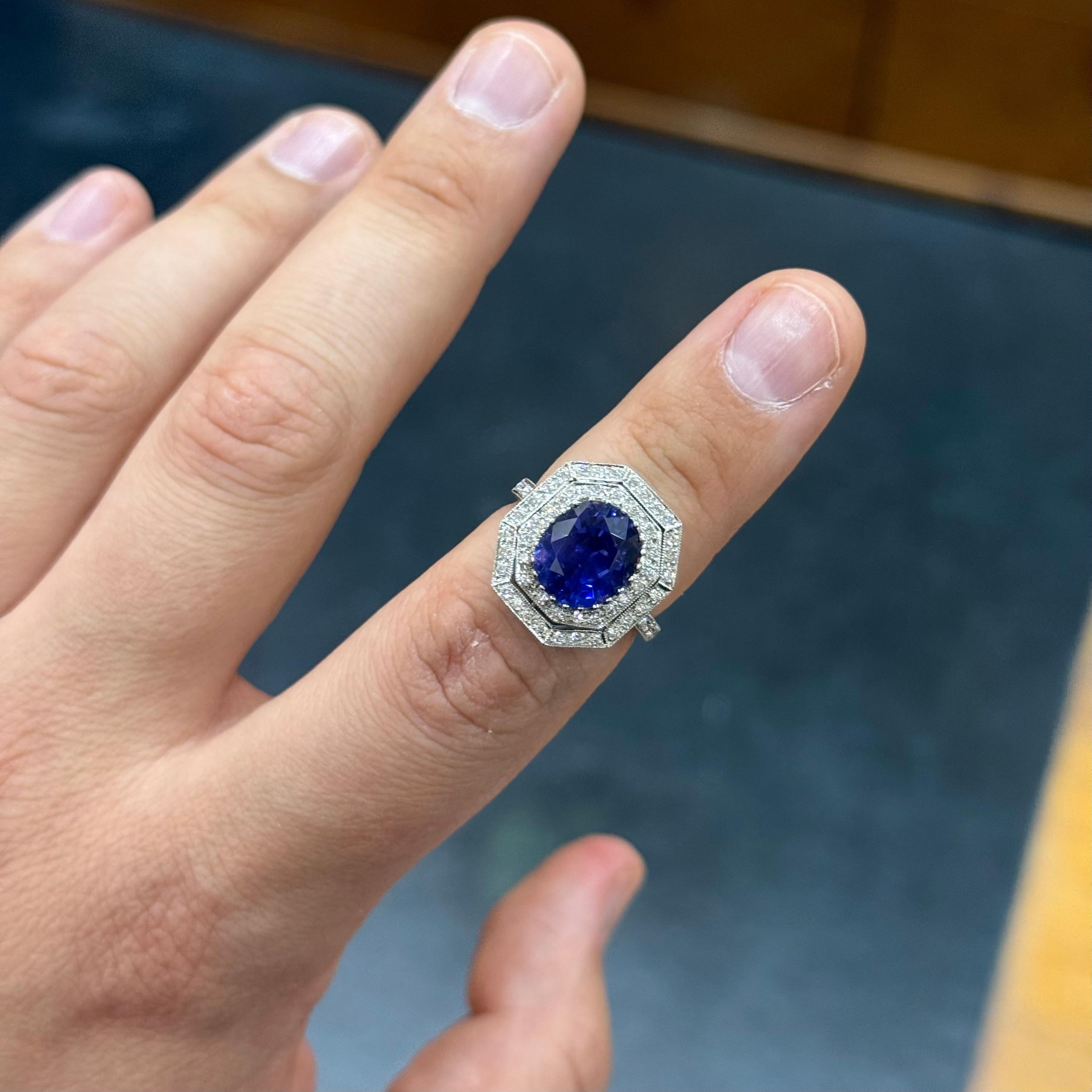 da uomo o donna Anello di fidanzamento in stile Art Deco con zaffiro naturale di Ceylon senza calore, in platino in vendita