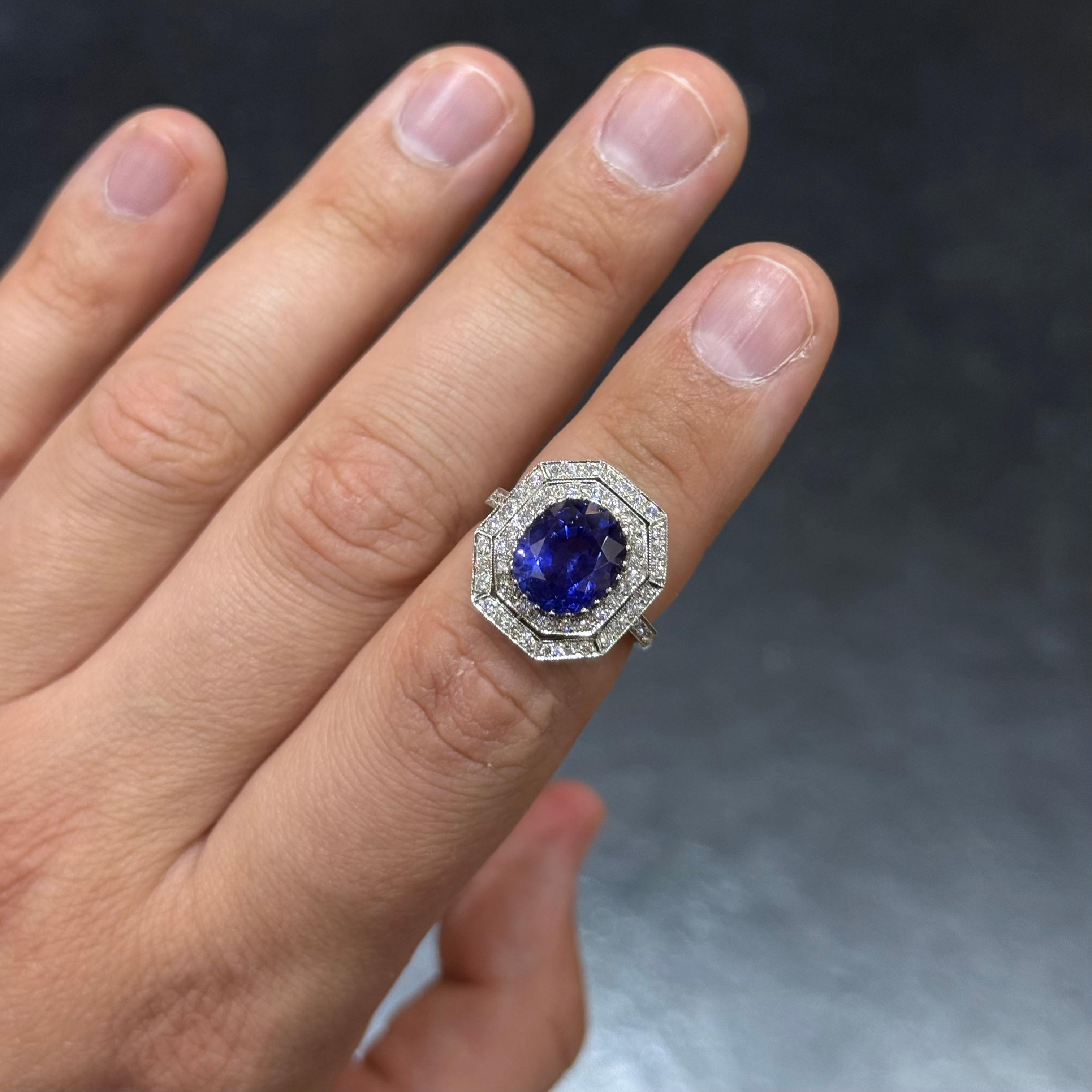 Anello di fidanzamento in stile Art Deco con zaffiro naturale di Ceylon senza calore, in platino in vendita 1