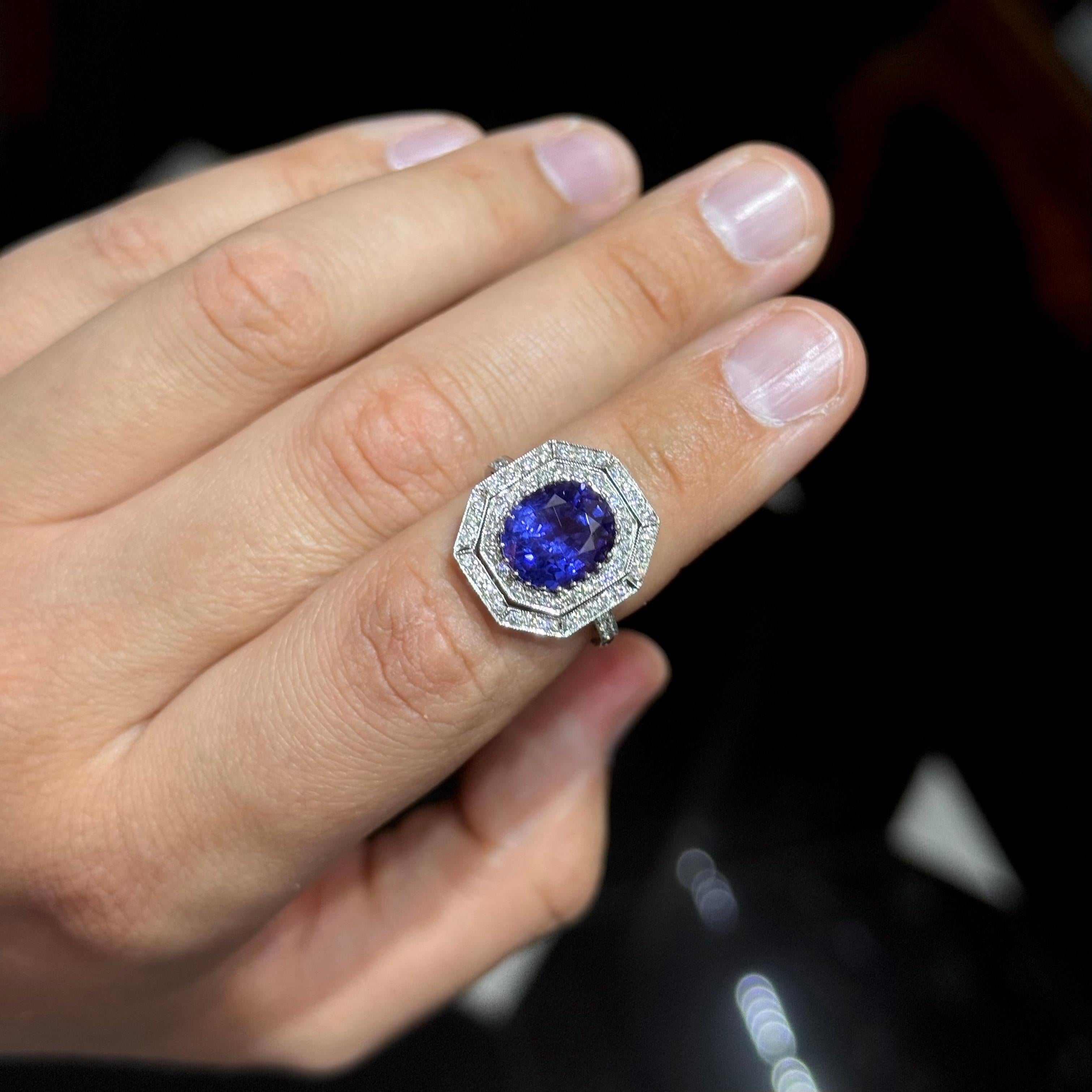 Anello di fidanzamento in stile Art Deco con zaffiro naturale di Ceylon senza calore, in platino in vendita 2