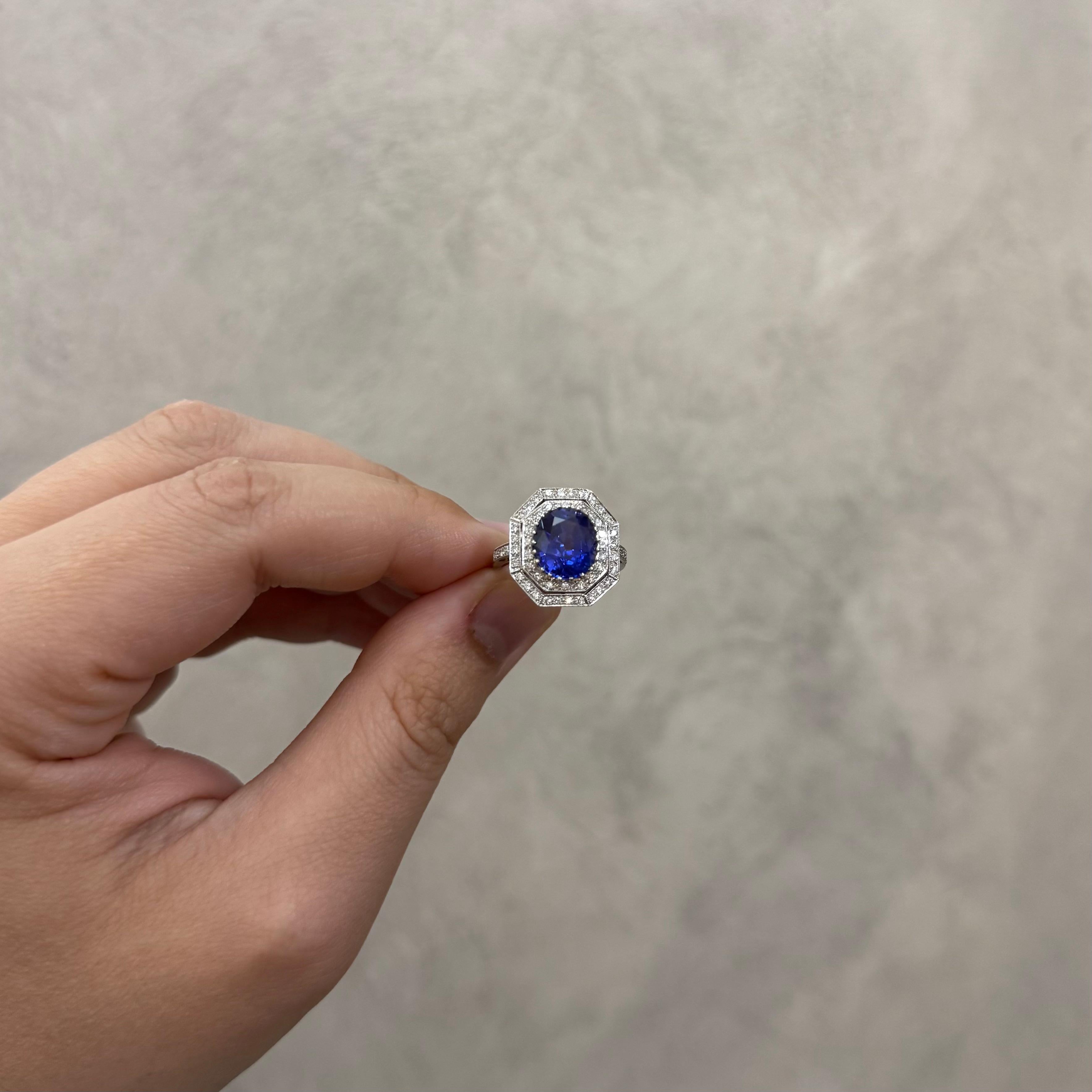 Anello di fidanzamento in stile Art Deco con zaffiro naturale di Ceylon senza calore, in platino in vendita 3
