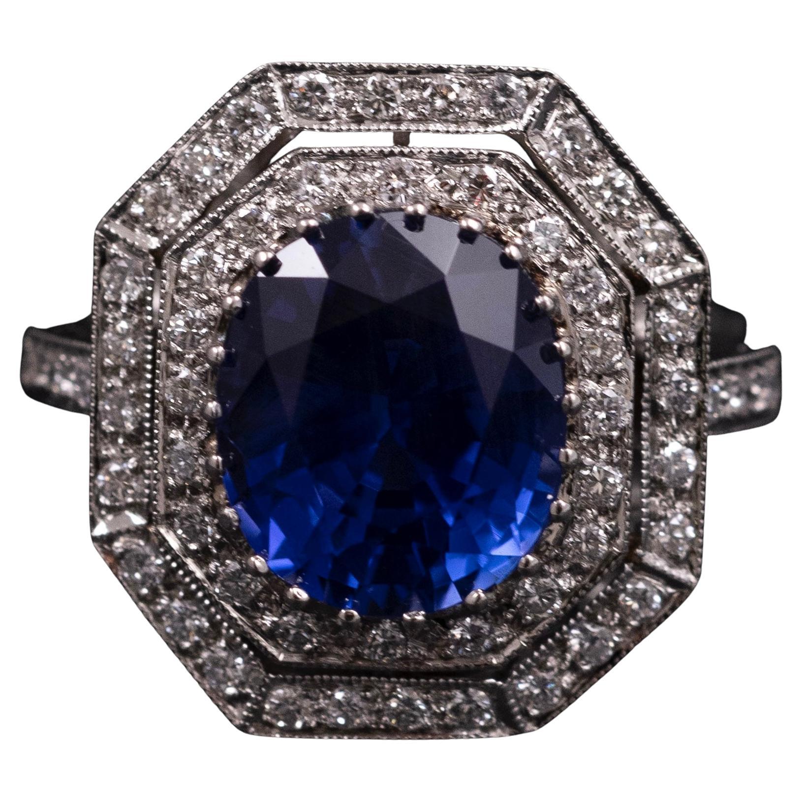 Verlobungsring aus Platin mit natürlichem Ceylon-Saphir und unbehandeltem Saphir im Art-déco-Stil