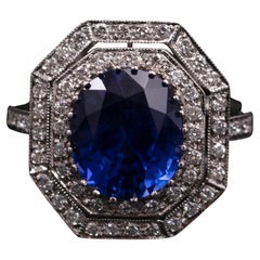 Art Deco Style Natural Ceylon No-Heat Sapphire Diamond Engagement Ring Platinum