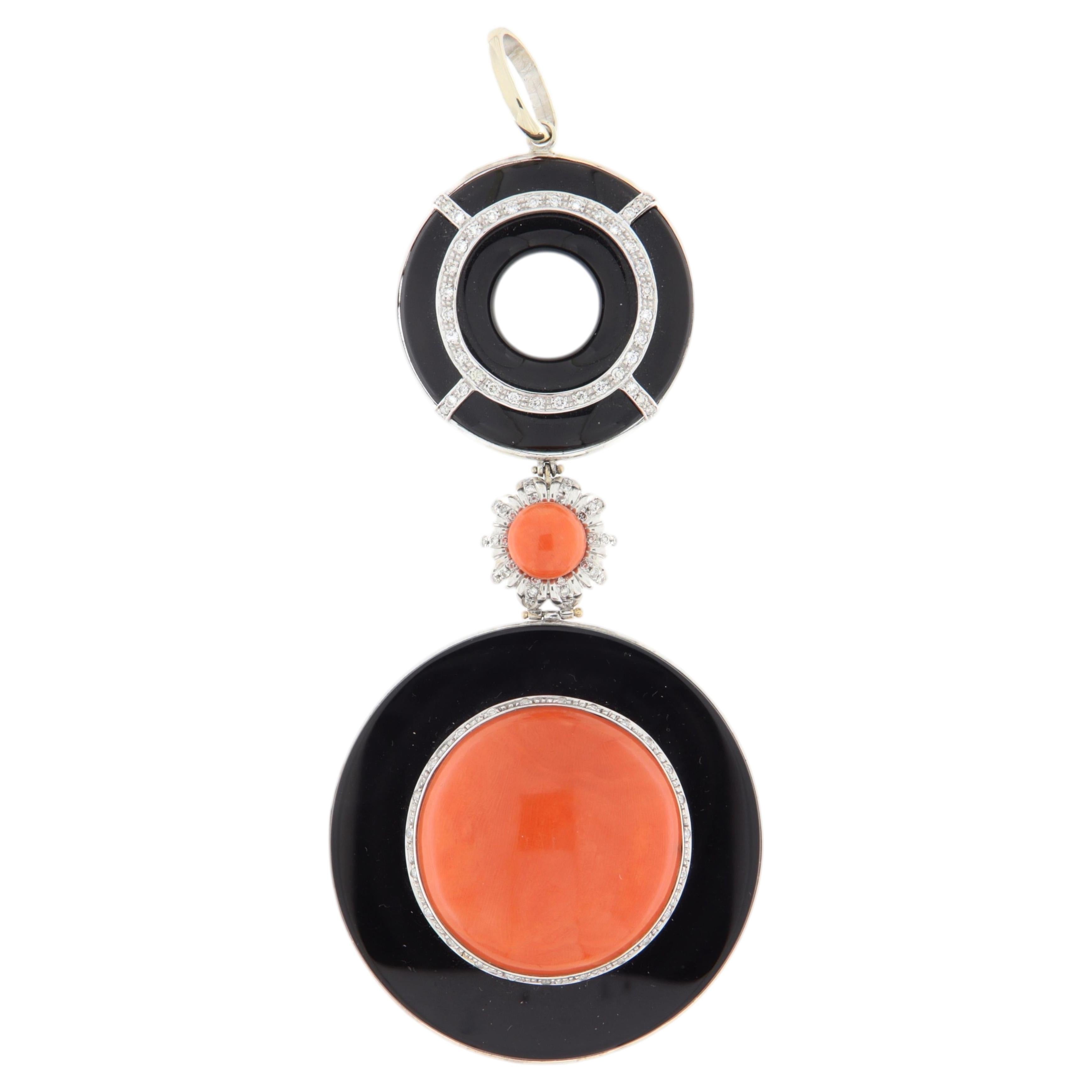 Pendentif de style Art déco en or blanc 18 carats, avec diamant naturel, corail et onyx