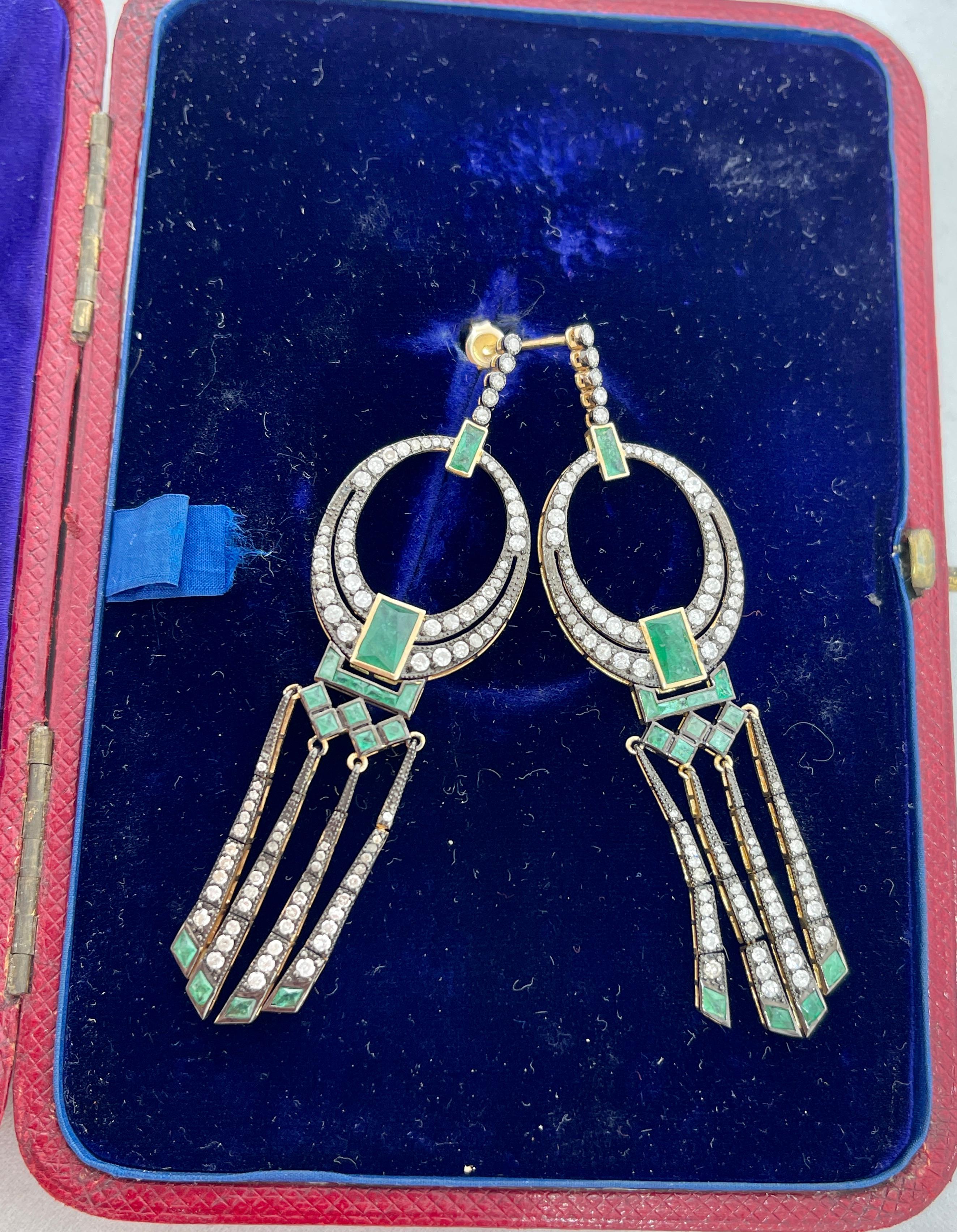Art Deco Style Natural Emerald and Diamond Dangle Tassel Stud Earrings  For Sale 5