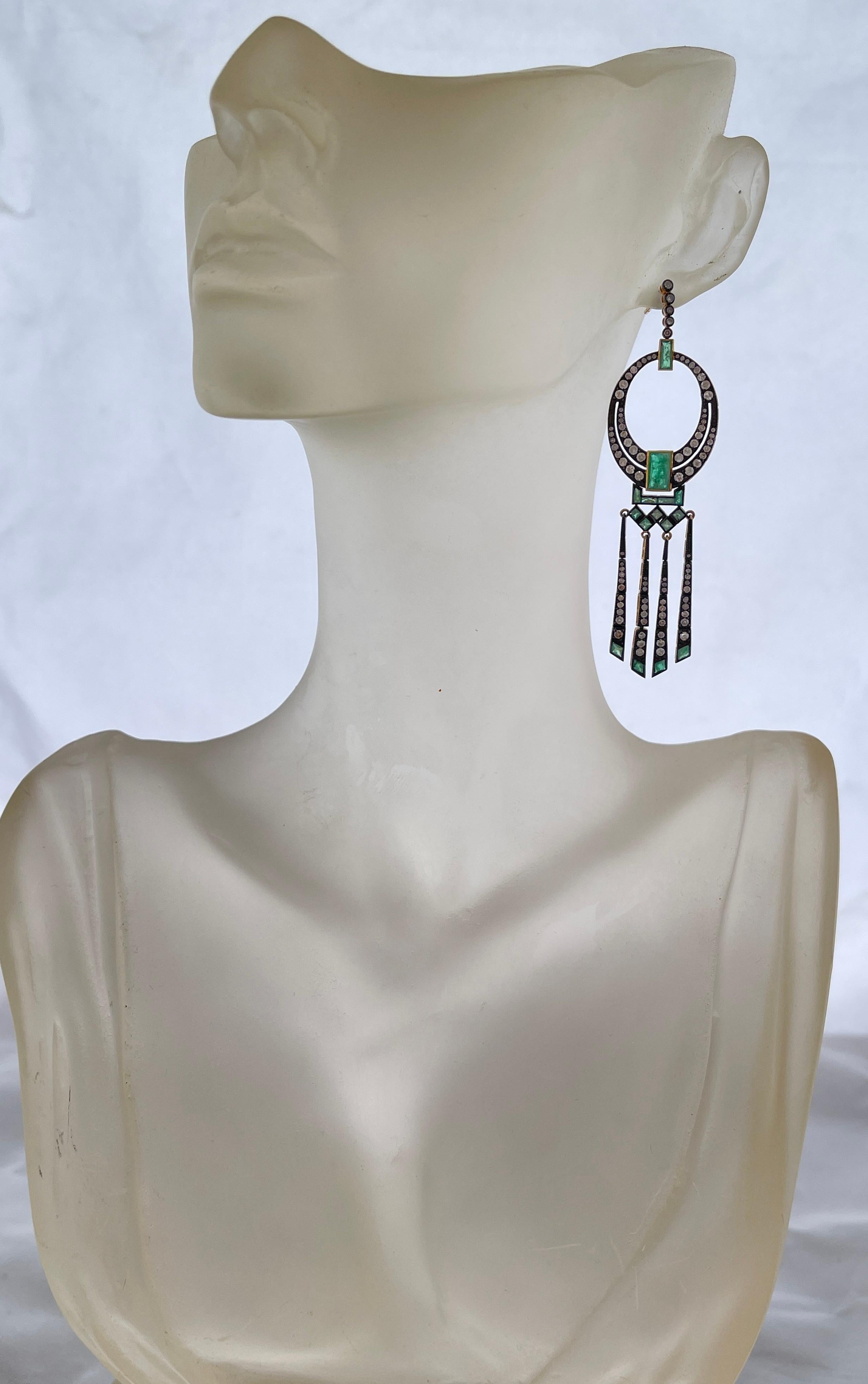 Emerald Cut Art Deco Style Natural Emerald and Diamond Dangle Tassel Stud Earrings 
