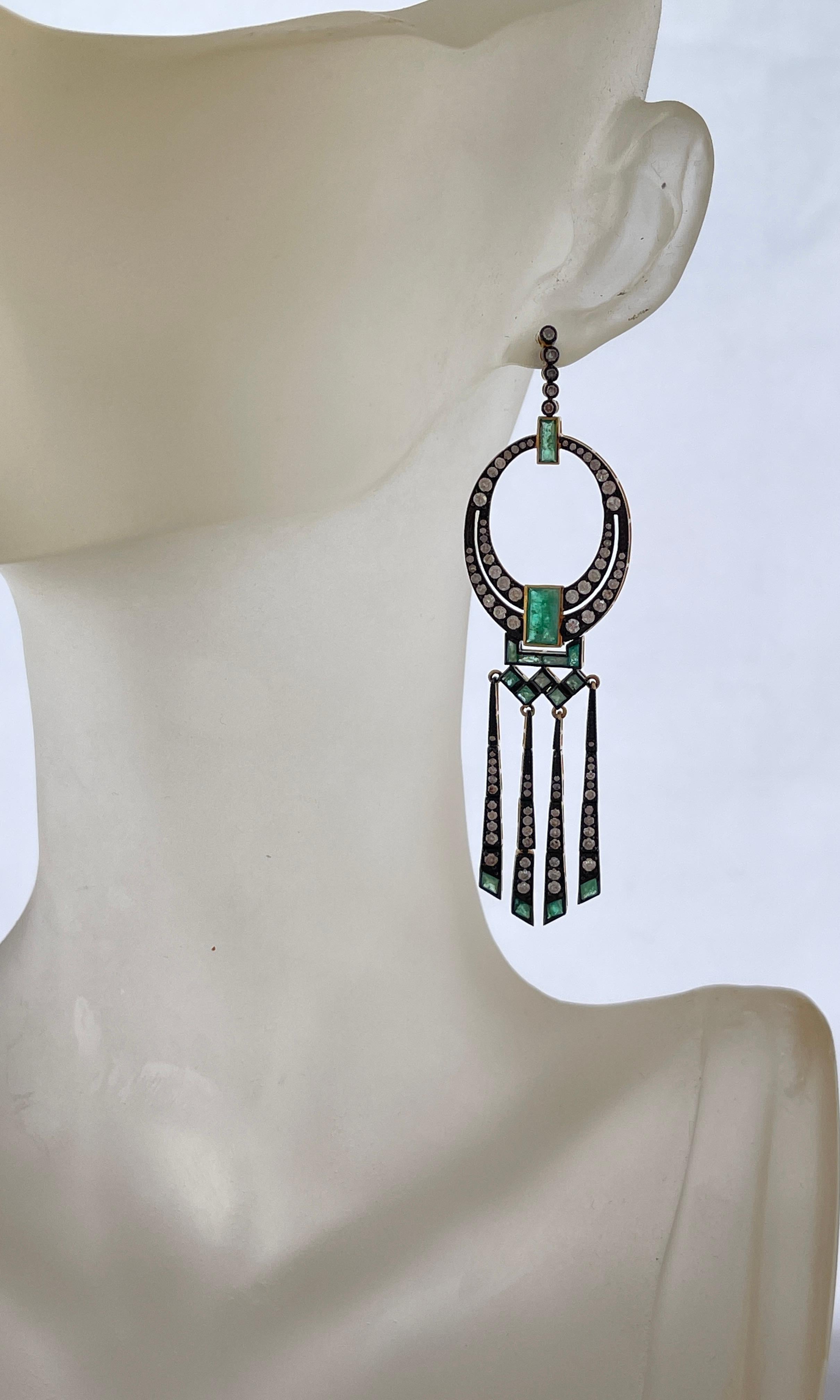 Art Deco Style Natural Emerald and Diamond Dangle Tassel Stud Earrings  In New Condition For Sale In Mona Vale, NSW
