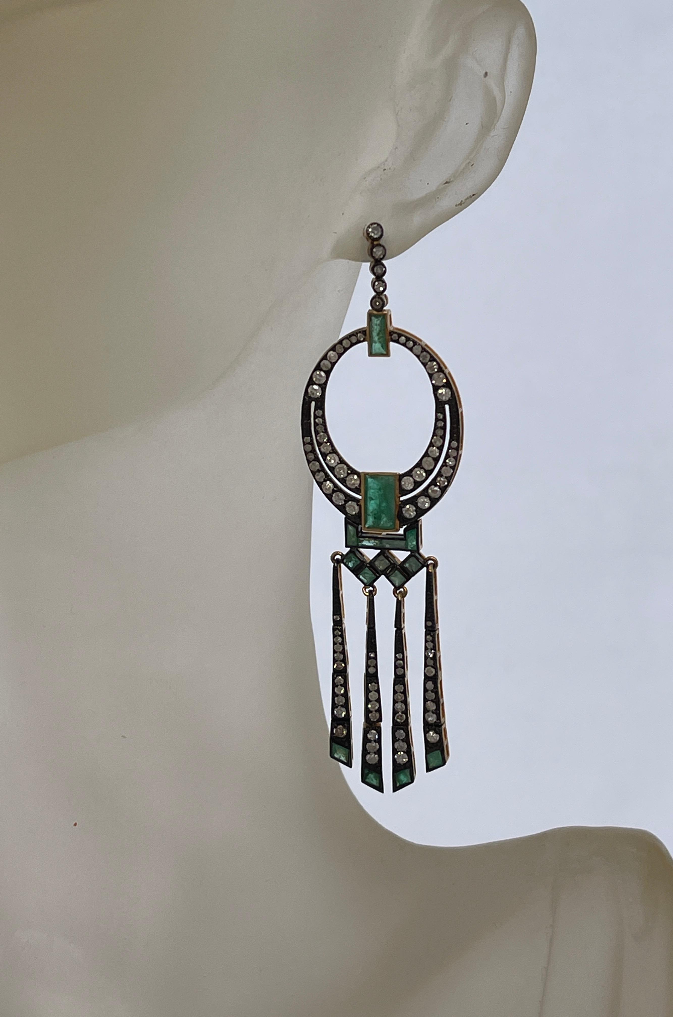 Women's Art Deco Style Natural Emerald and Diamond Dangle Tassel Stud Earrings  For Sale