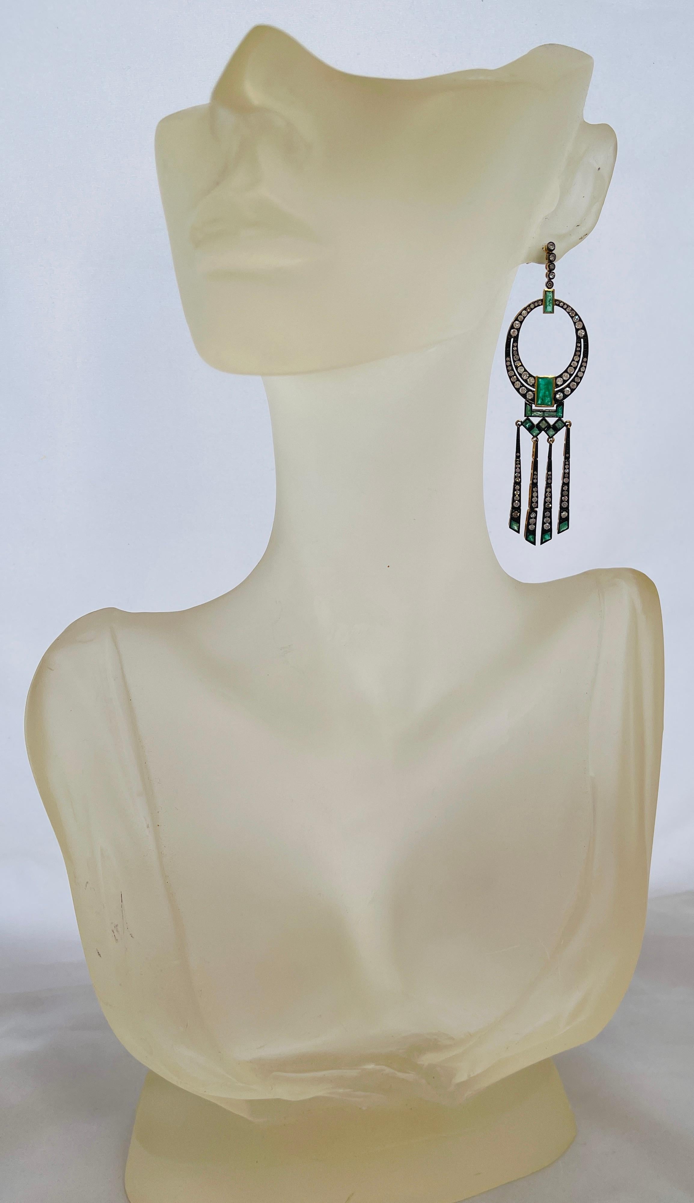 Art Deco Style Natural Emerald and Diamond Dangle Tassel Stud Earrings  1