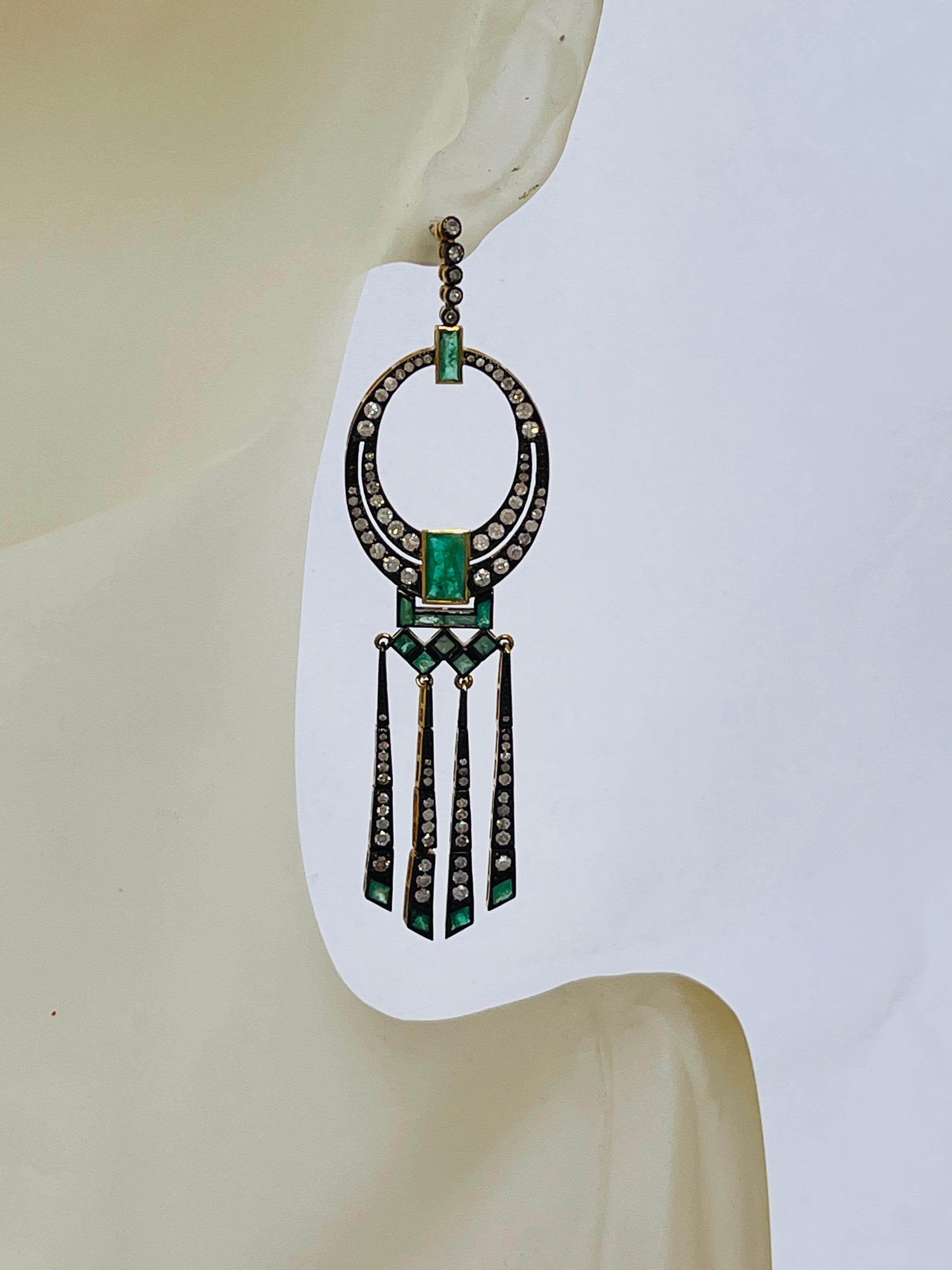 Art Deco Style Natural Emerald and Diamond Dangle Tassel Stud Earrings  2