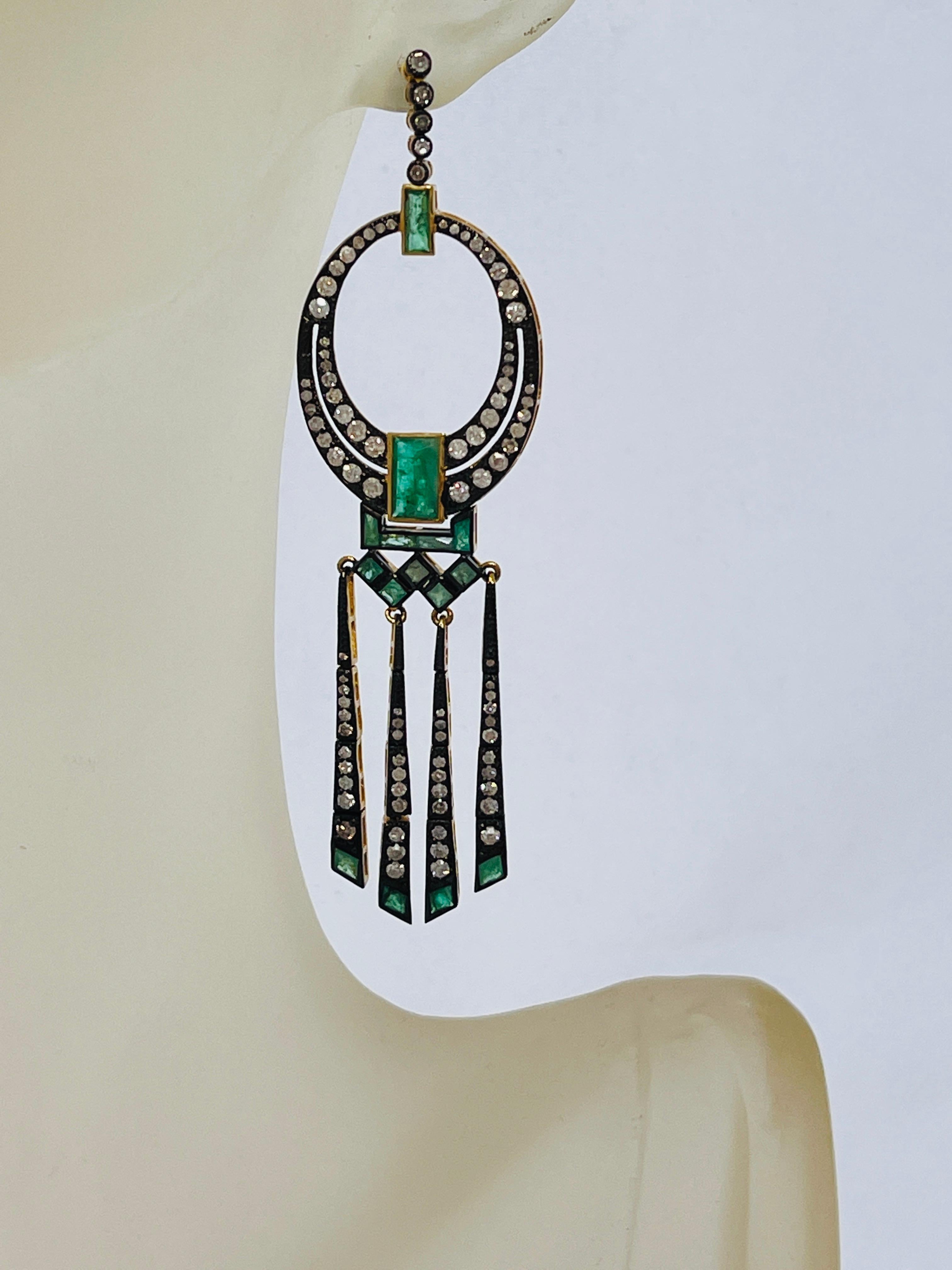 Art Deco Style Natural Emerald and Diamond Dangle Tassel Stud Earrings  For Sale 3