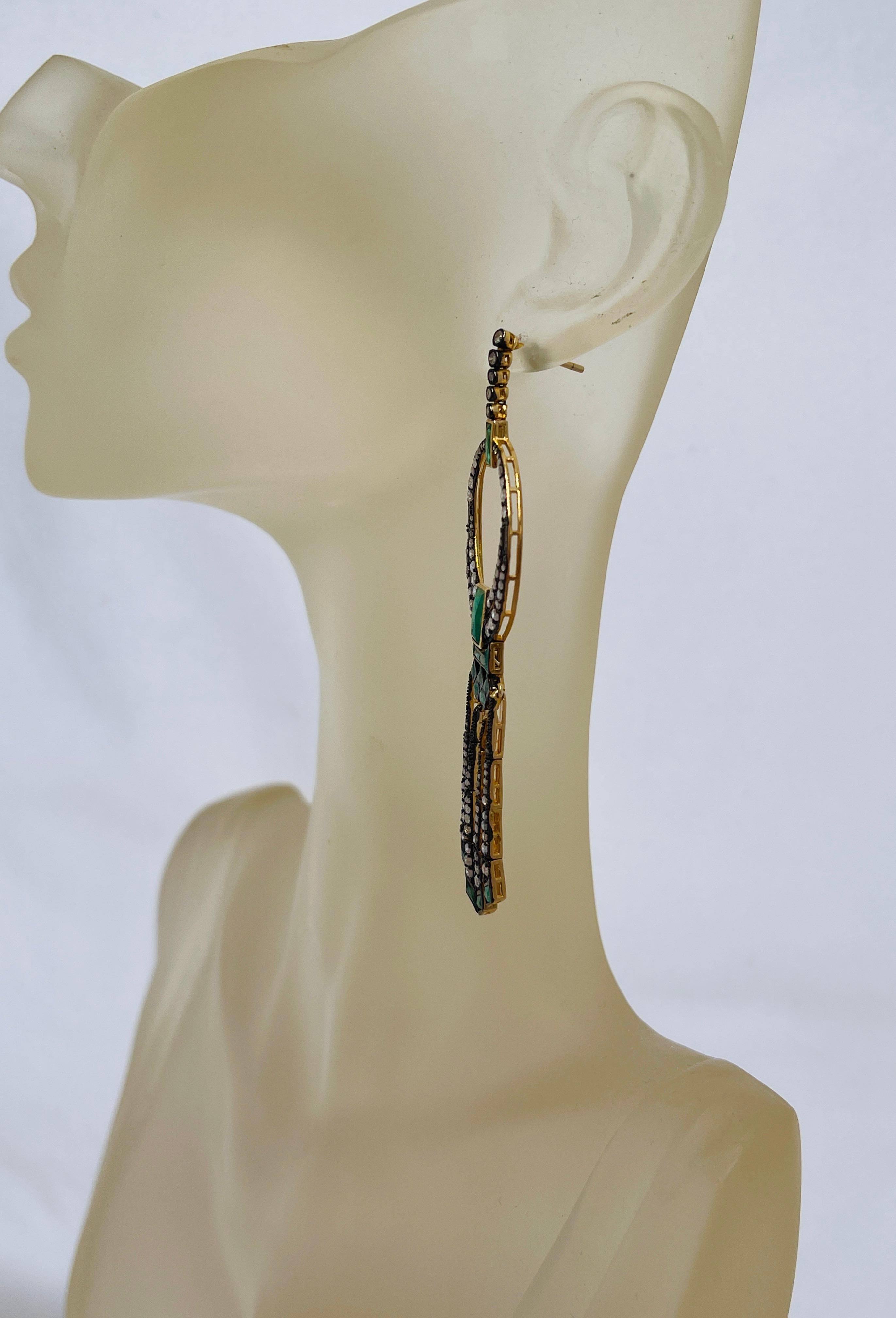 Art Deco Style Natural Emerald and Diamond Dangle Tassel Stud Earrings  For Sale 4