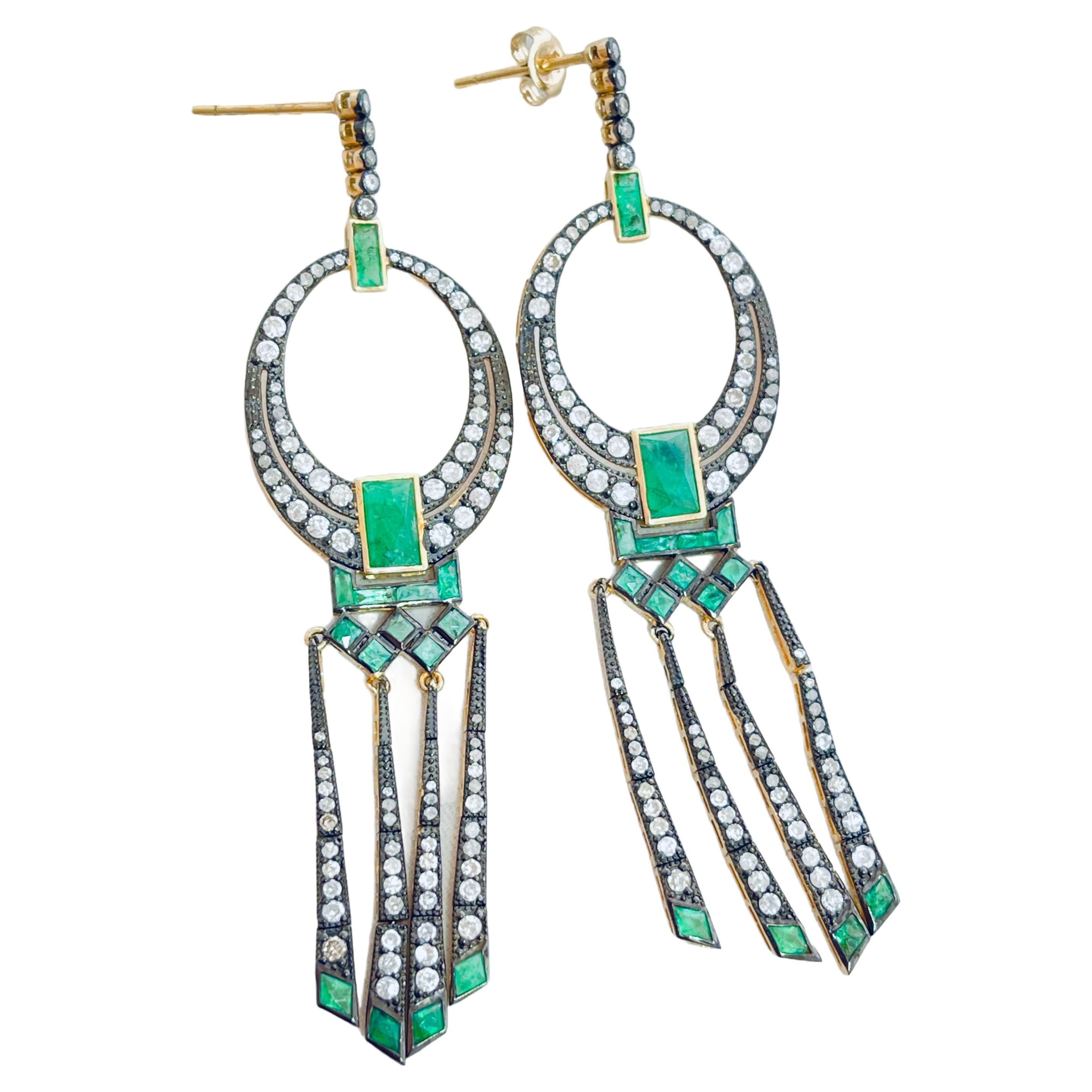 Art Deco Style Natural Emerald and Diamond Dangle Tassel Stud Earrings  For Sale