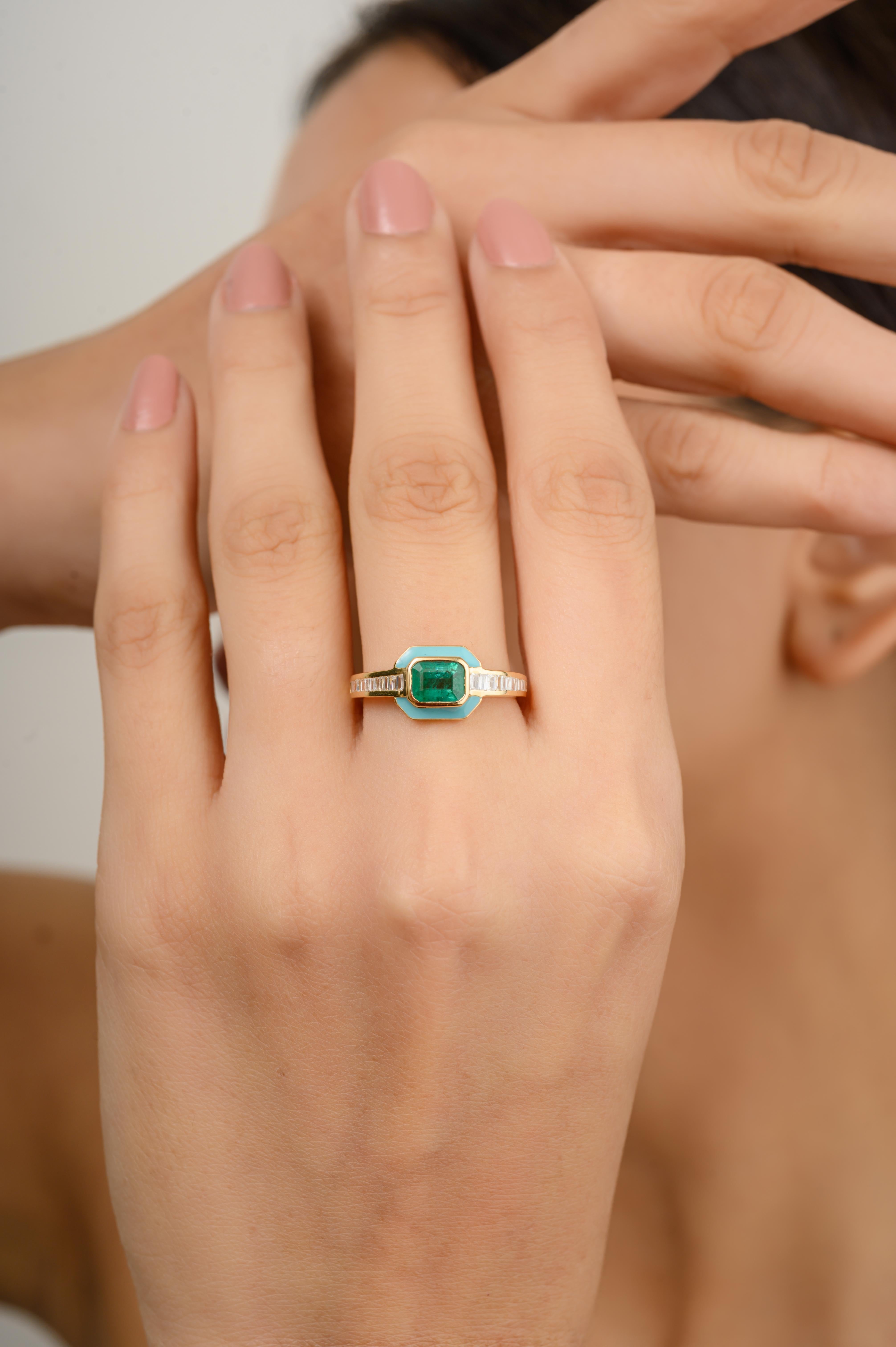 For Sale:  Art Deco Style Natural Emerald Diamond Halo Ring with Enamel in 18k Yellow Gold 2