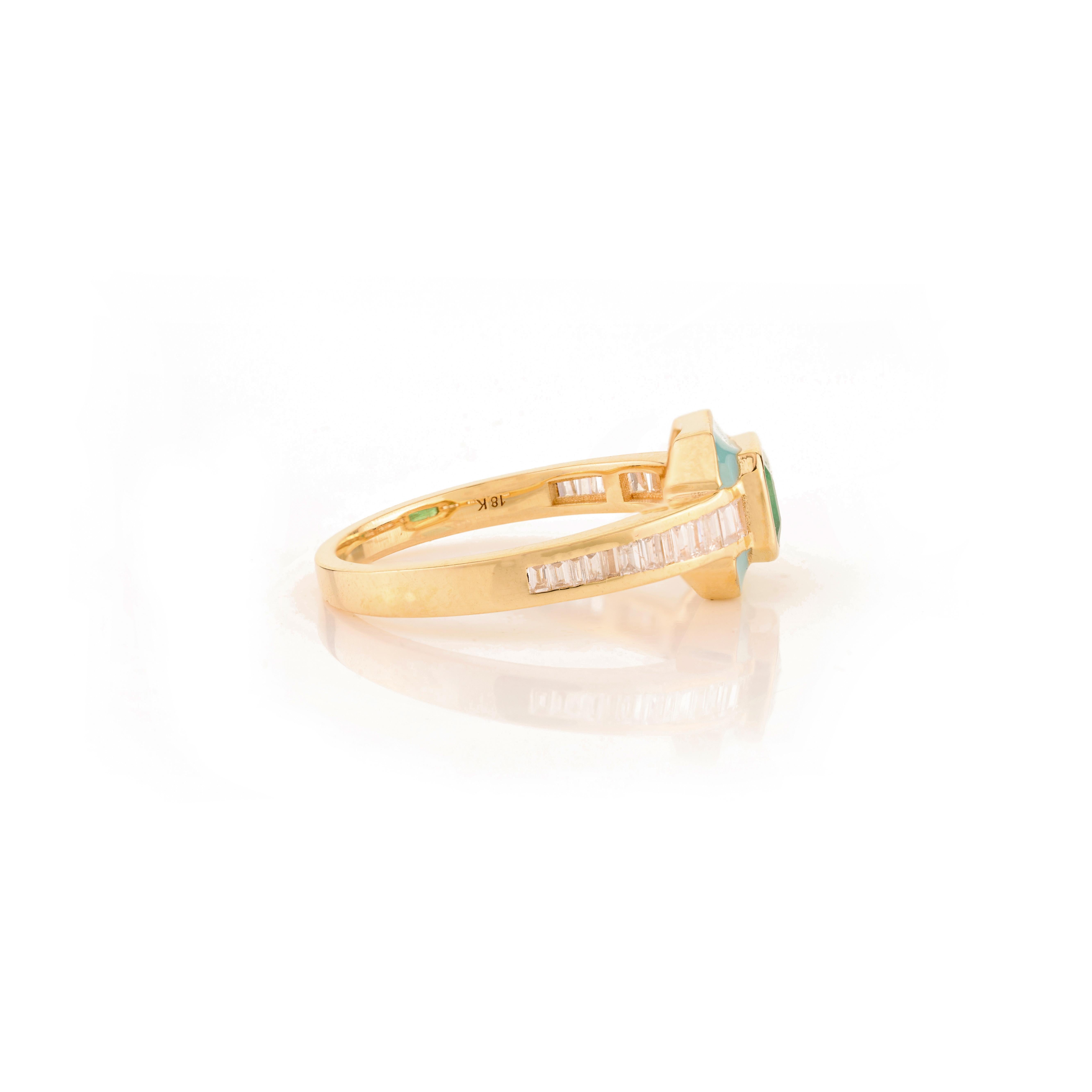 For Sale:  Art Deco Style Natural Emerald Diamond Halo Ring with Enamel in 18k Yellow Gold 3