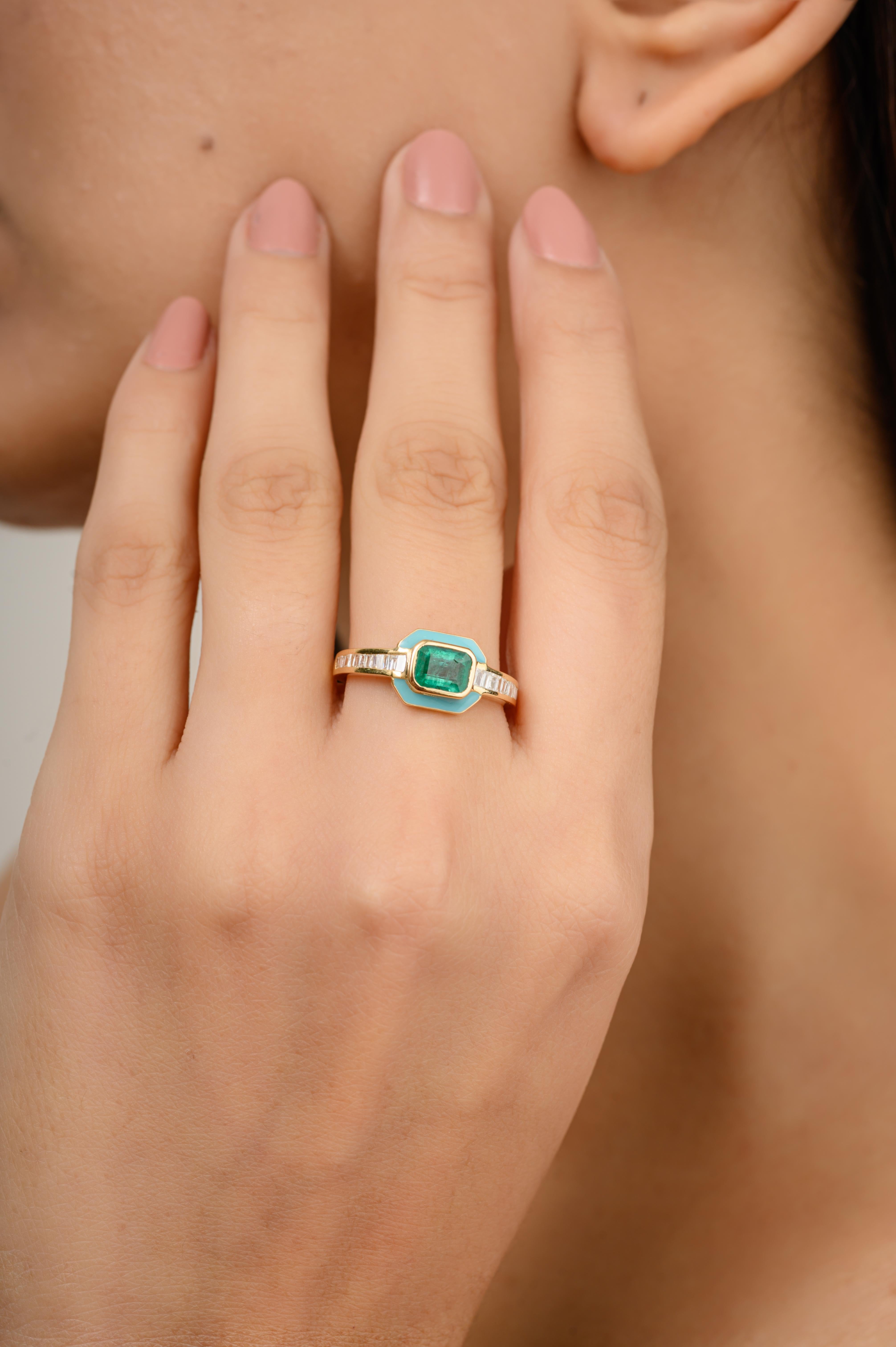 For Sale:  Art Deco Style Natural Emerald Diamond Halo Ring with Enamel in 18k Yellow Gold 4