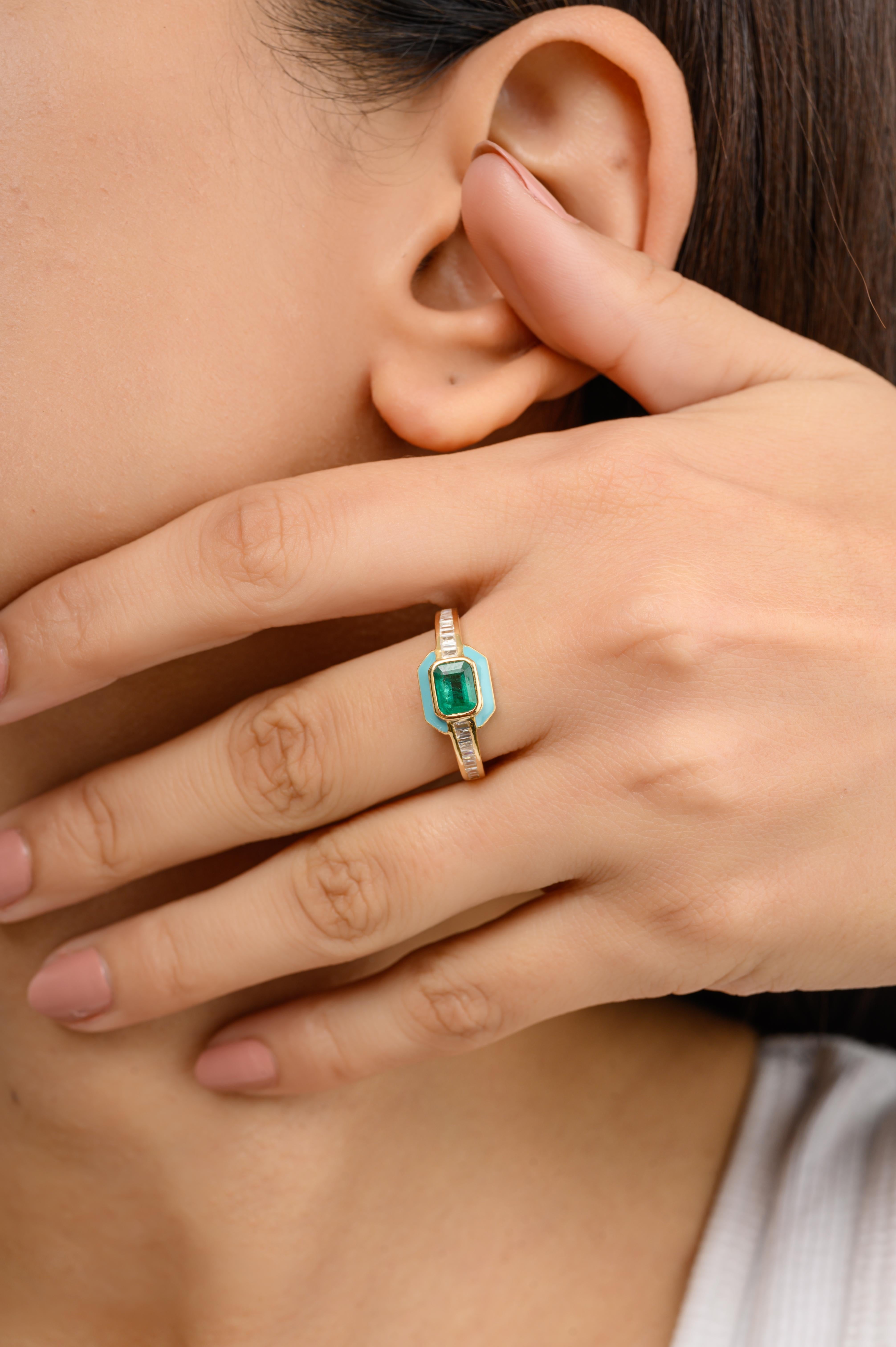For Sale:  Art Deco Style Natural Emerald Diamond Halo Ring with Enamel in 18k Yellow Gold 6
