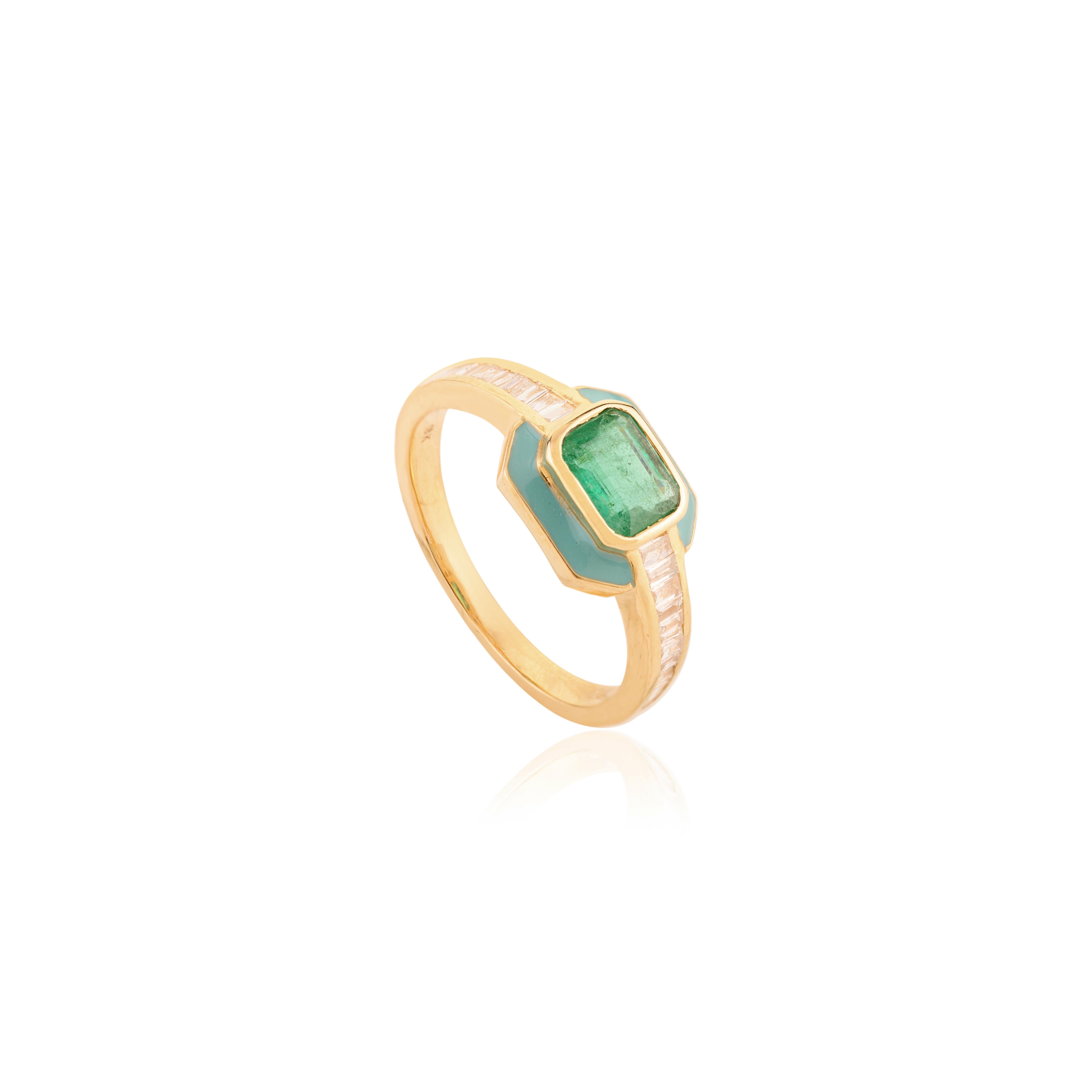 For Sale:  Art Deco Style Natural Emerald Diamond Halo Ring with Enamel in 18k Yellow Gold 7